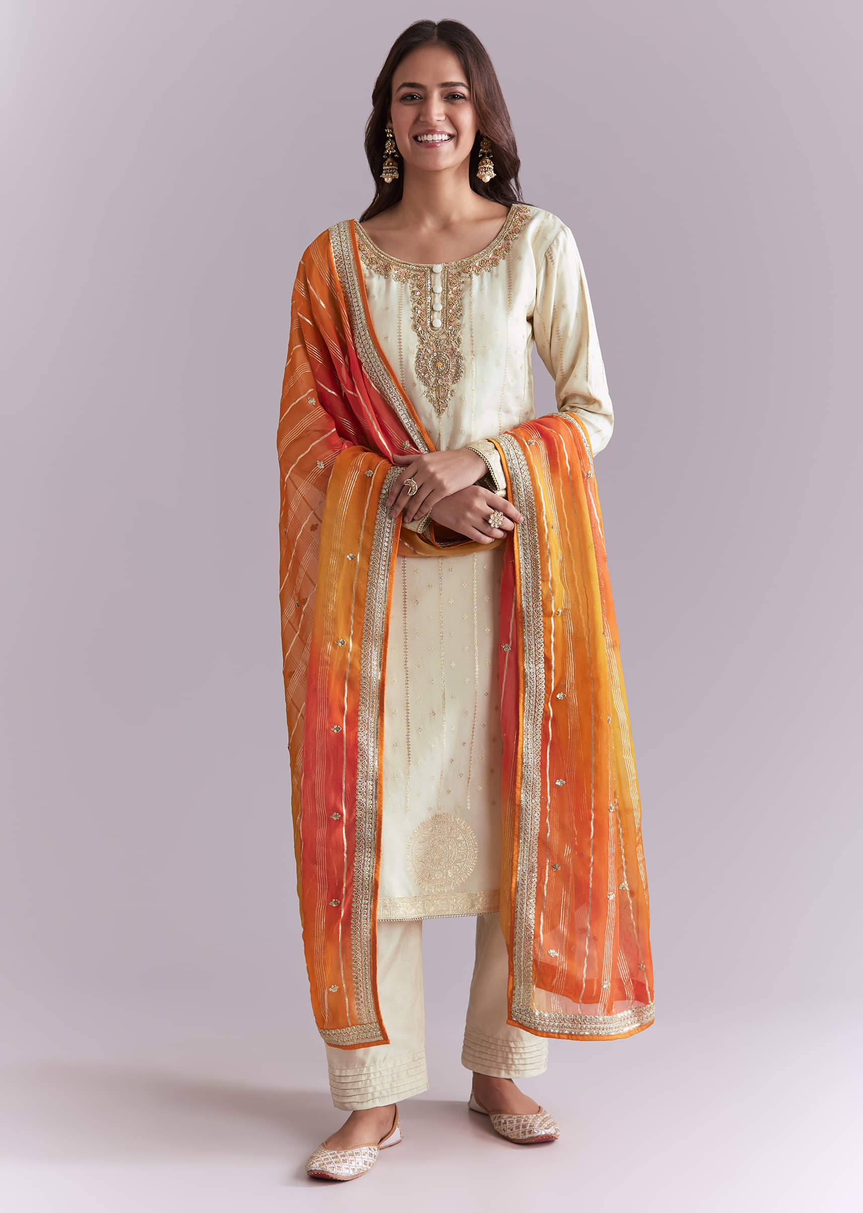 Cream Tissue Kurta Set With Embroidery And Two Tone Dupatta - Image 3