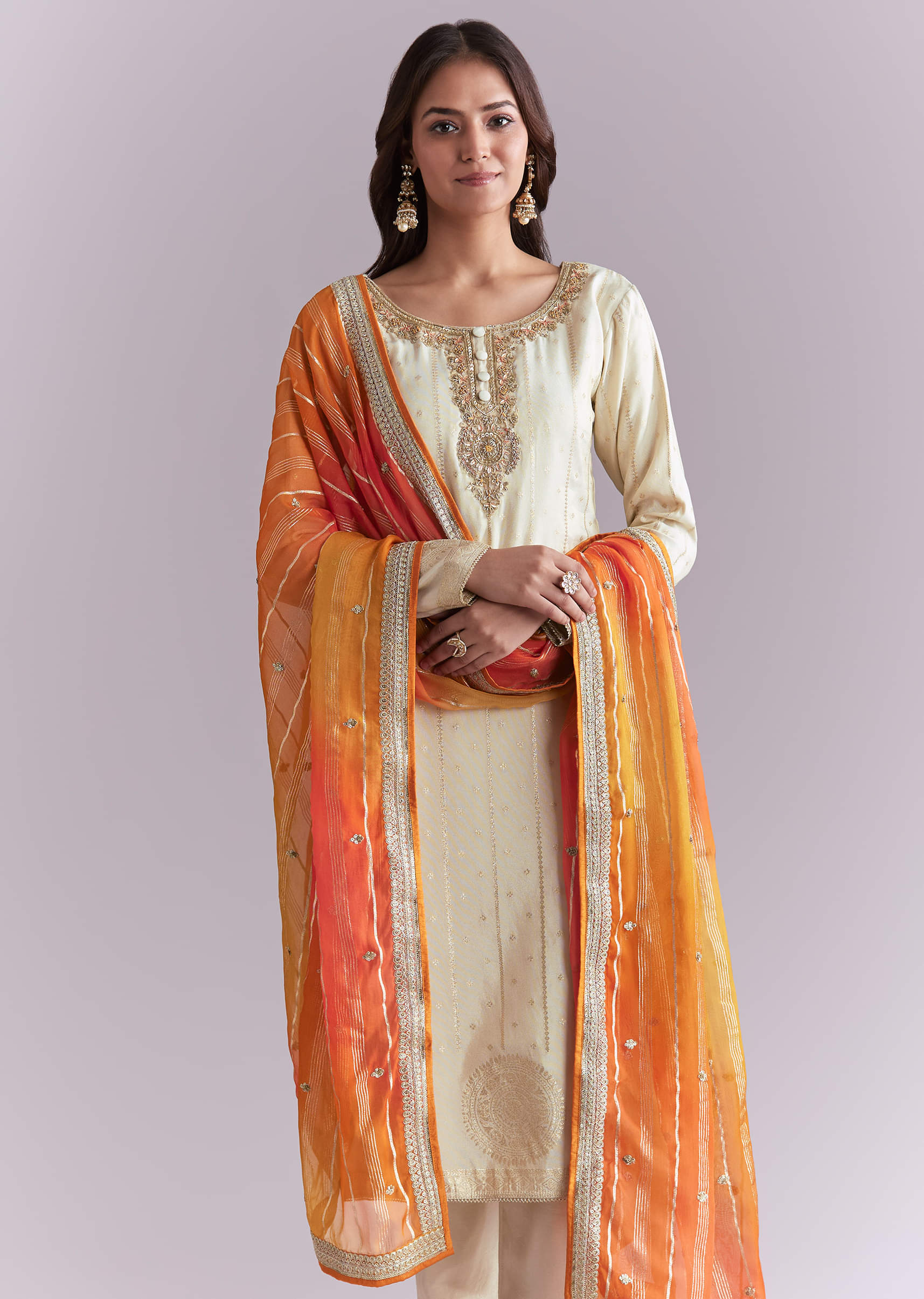 Cream Tissue Kurta Set With Embroidery And Two Tone Dupatta - Image 4