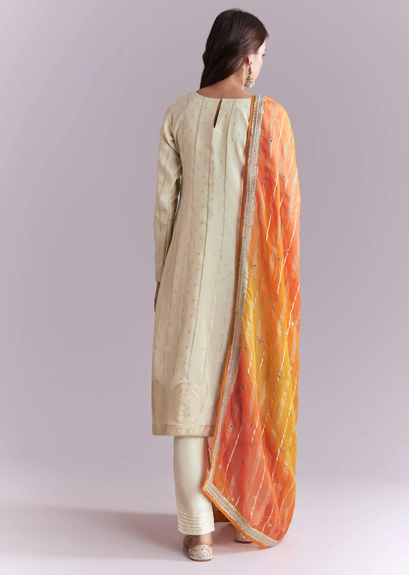 Cream Tissue Kurta Set With Embroidery And Two Tone Dupatta - Image 5