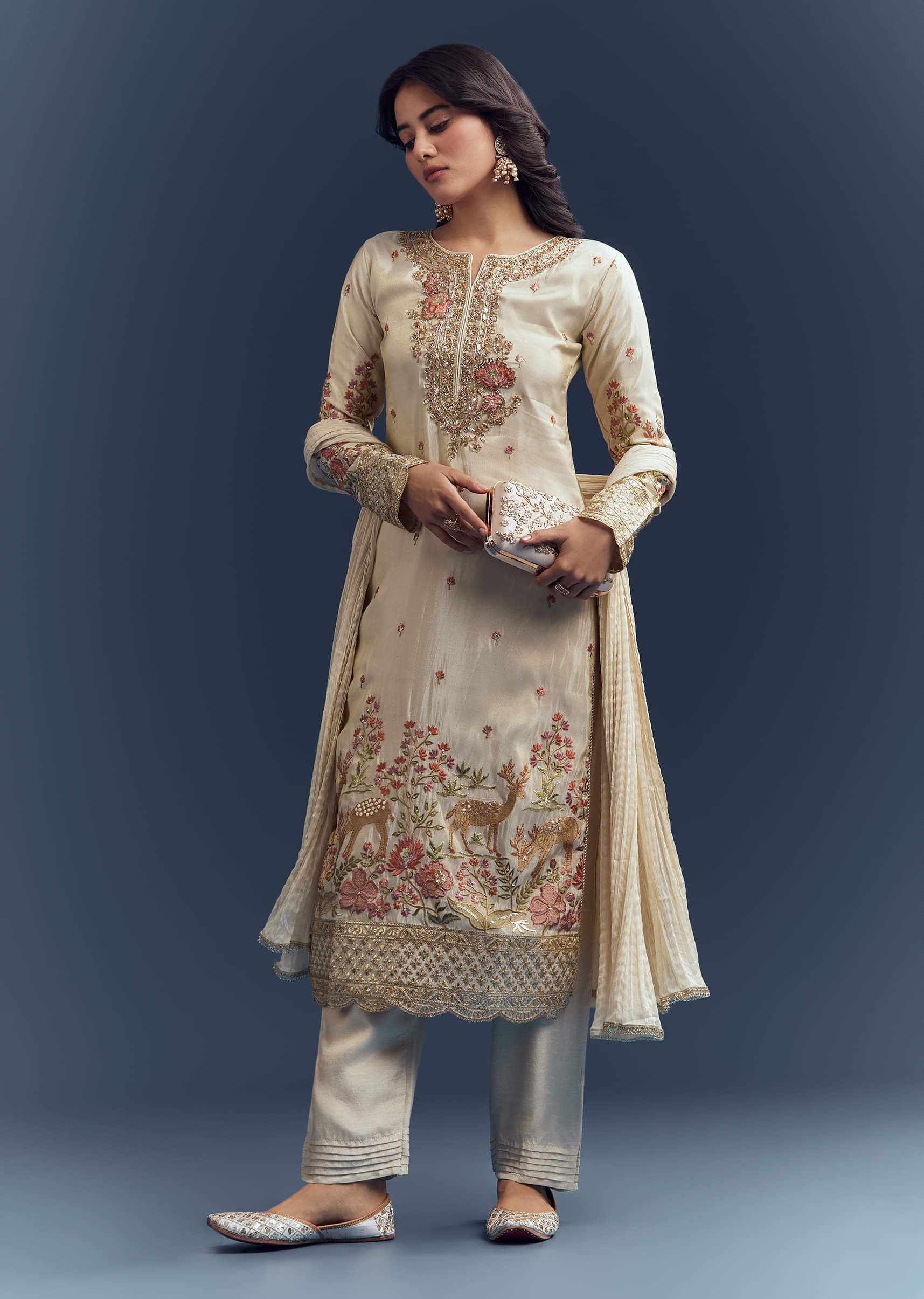 Cream Tissue Kurta Set With Resham And Zardosi Work - Image 4