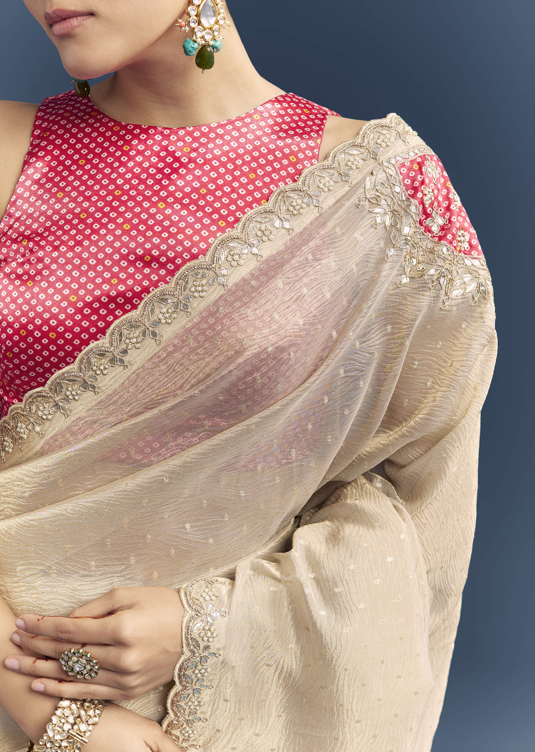 Cream Tissue Organza Saree With Intricate Hand Embroidery - Image 2