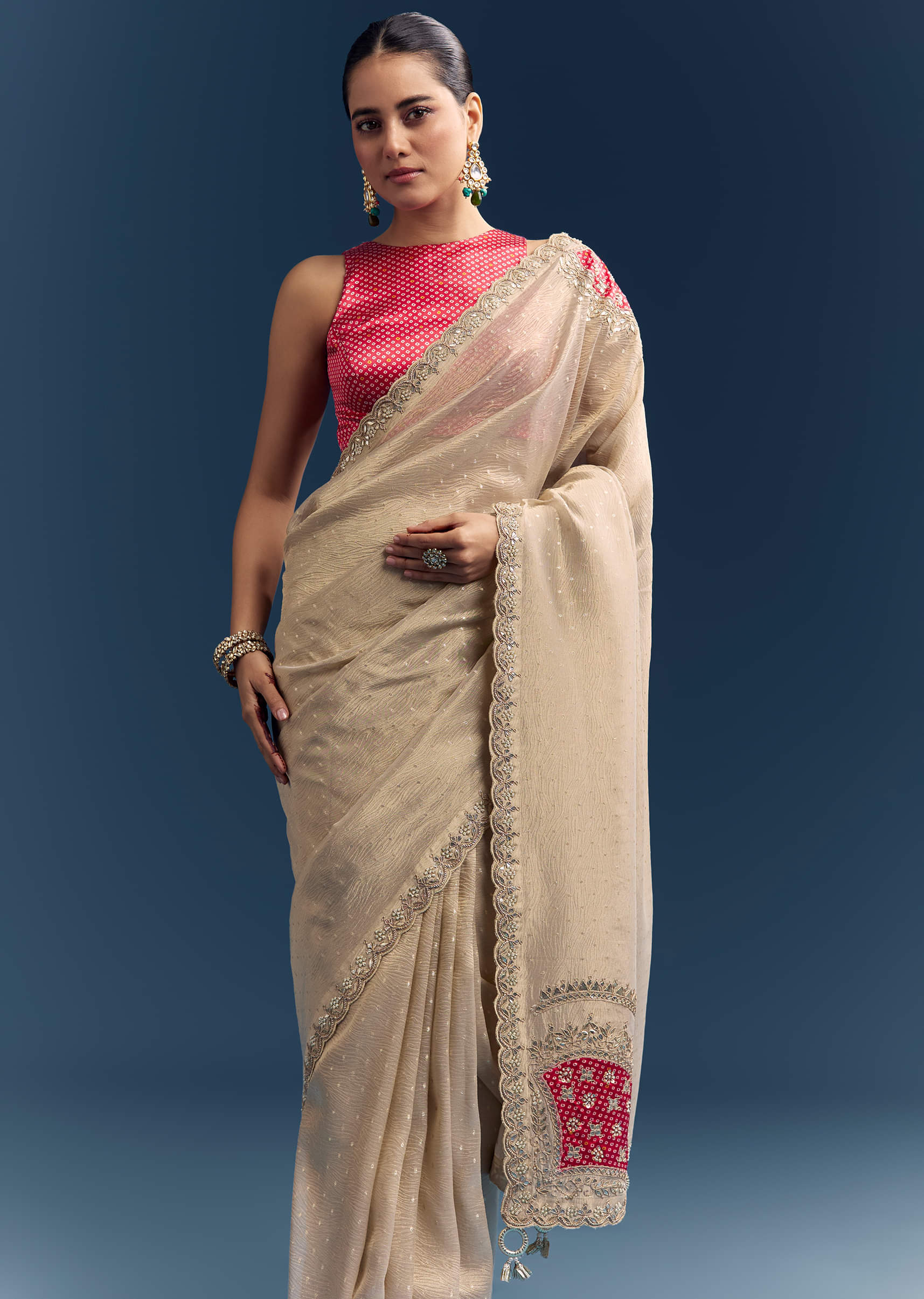 Cream Tissue Organza Saree With Intricate Hand Embroidery - Image 5
