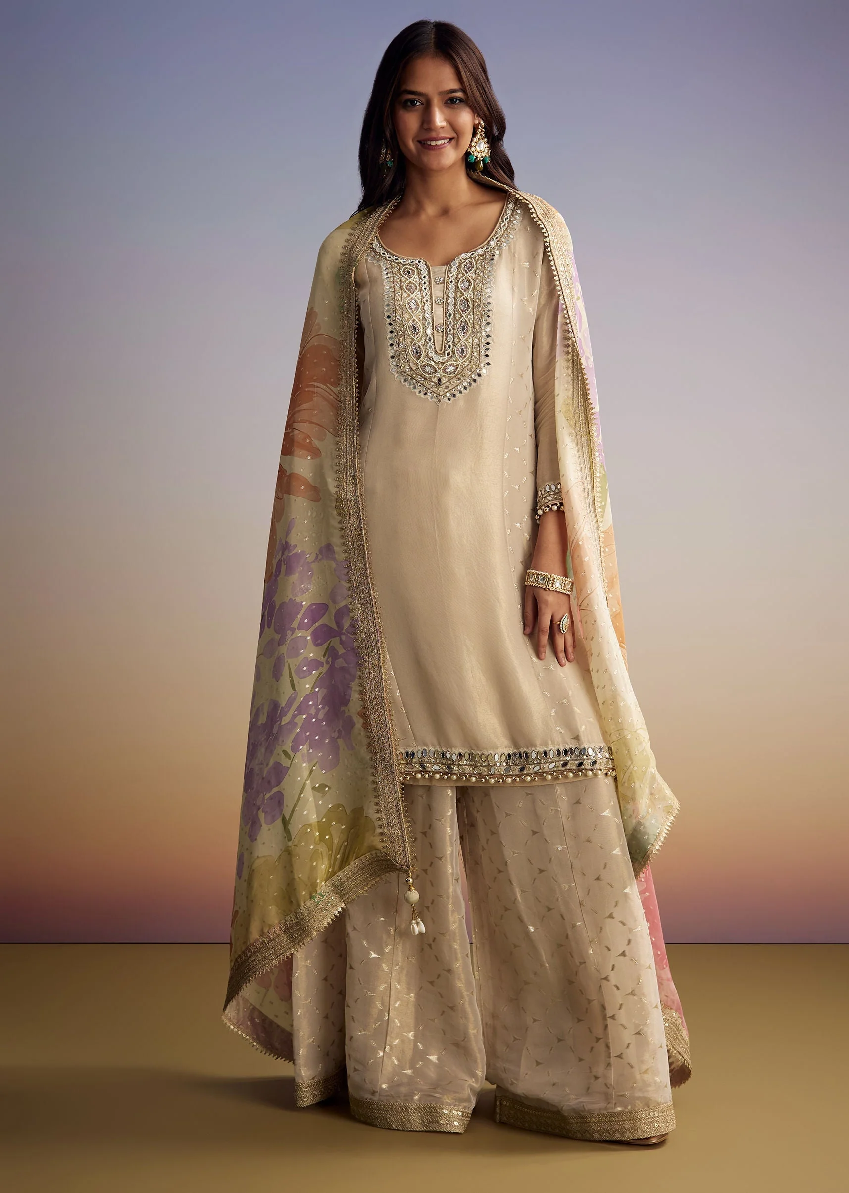 Cream Tissue Palazzo Suit With Mirror And Moti Embroidery And Dupatta - Image 3