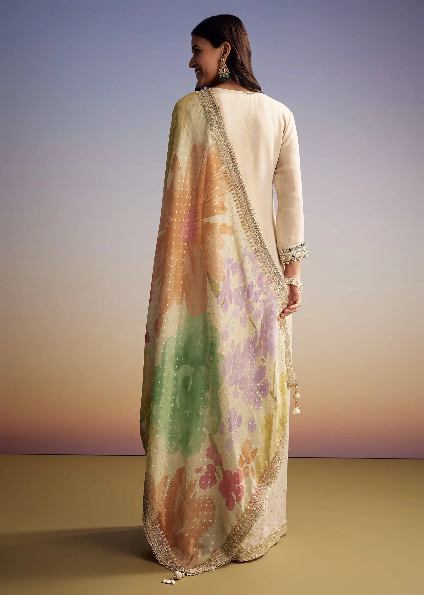 Cream Tissue Palazzo Suit With Mirror And Moti Embroidery And Dupatta - Image 5