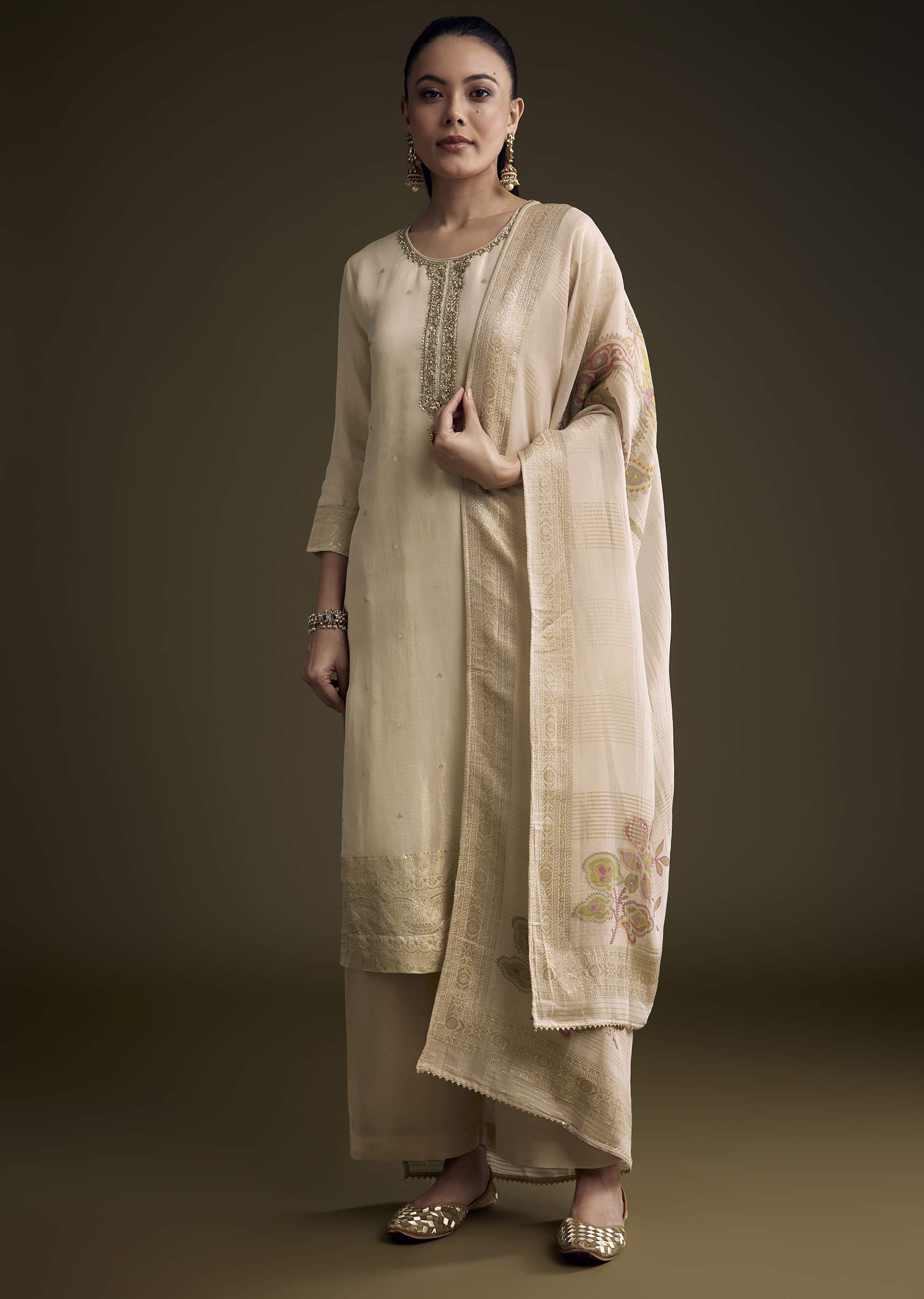 Cream Tissue Palazzo Suit With Sequins And Cutdana Work - Image 2