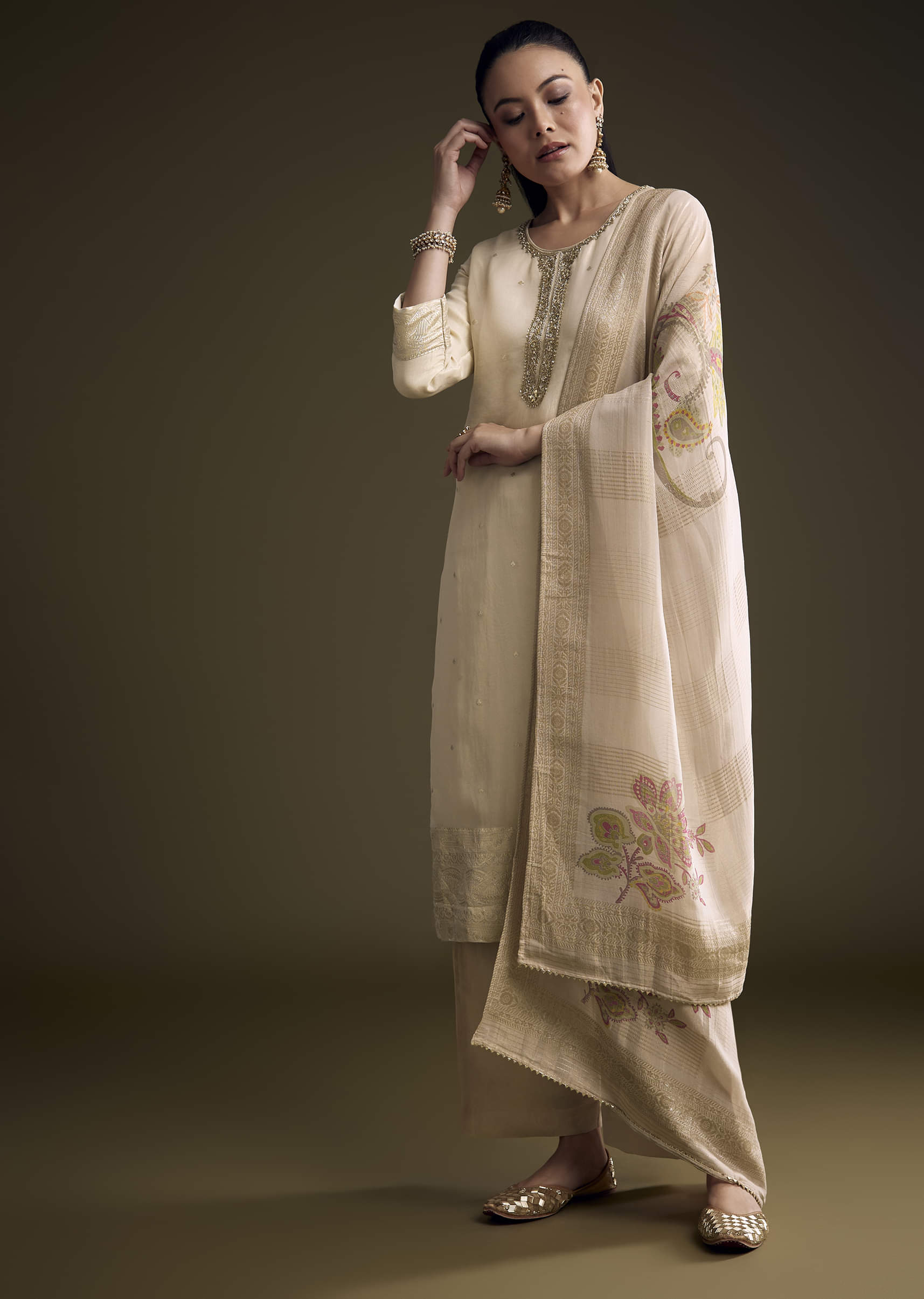 Cream Tissue Palazzo Suit With Sequins And Cutdana Work - Image 4