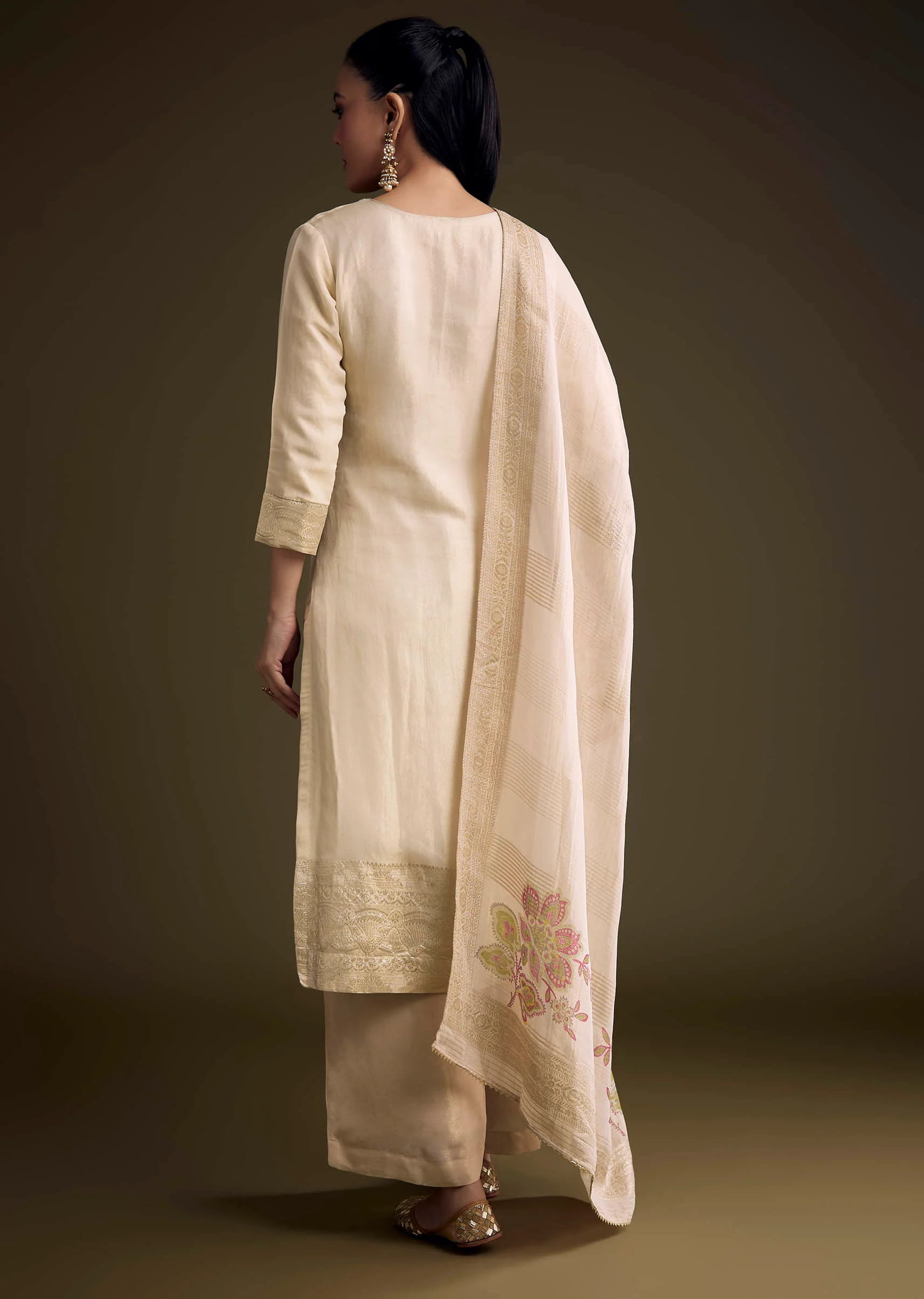 Cream Tissue Palazzo Suit With Sequins And Cutdana Work - Image 5