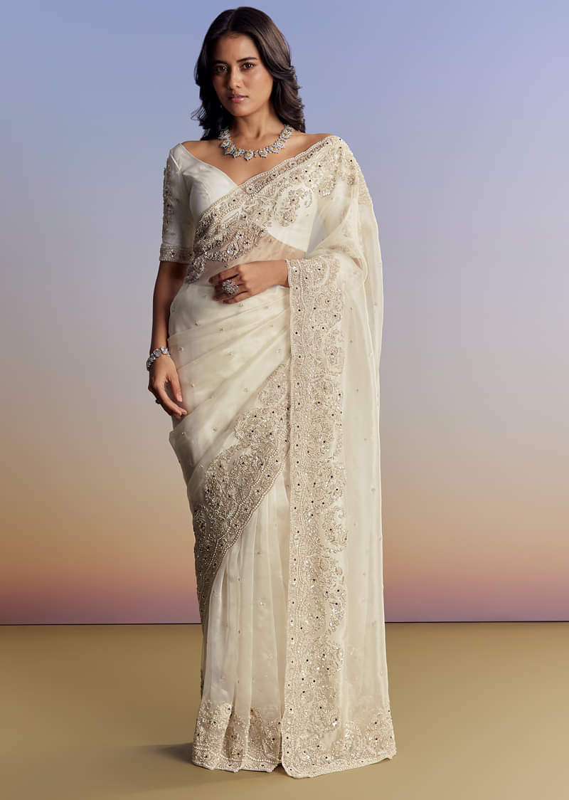 Cream Tissue Saree With Sequins Floral Embroidery - Image 2