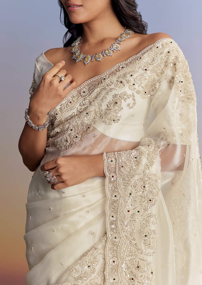 Cream Tissue Saree With Sequins Floral Embroidery - Image 3