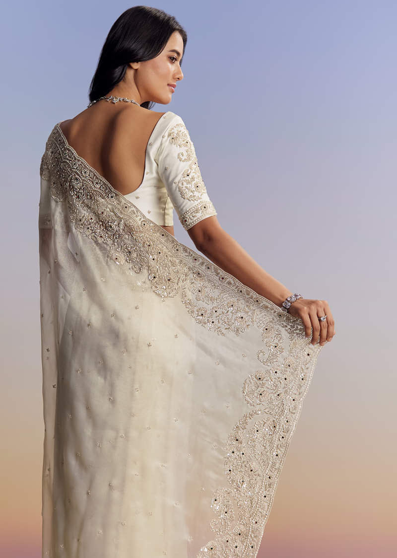Cream Tissue Saree With Sequins Floral Embroidery - Image 4