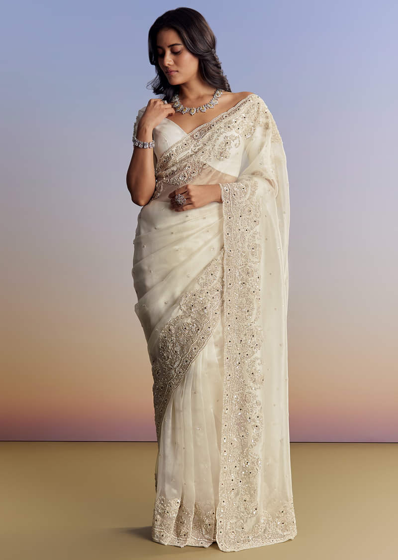 Cream Tissue Saree With Sequins Floral Embroidery - Image 5