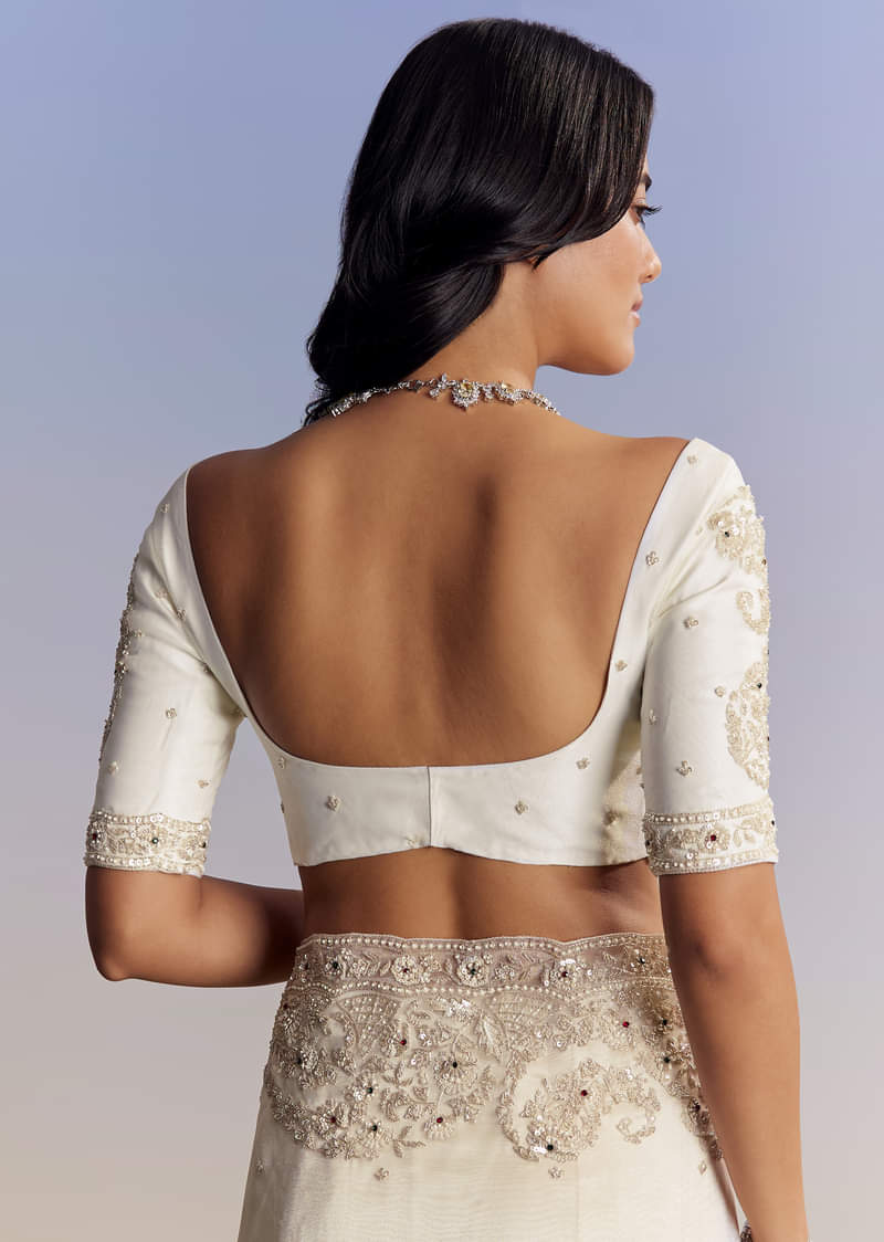 Cream Tissue Saree With Sequins Floral Embroidery - Image 8
