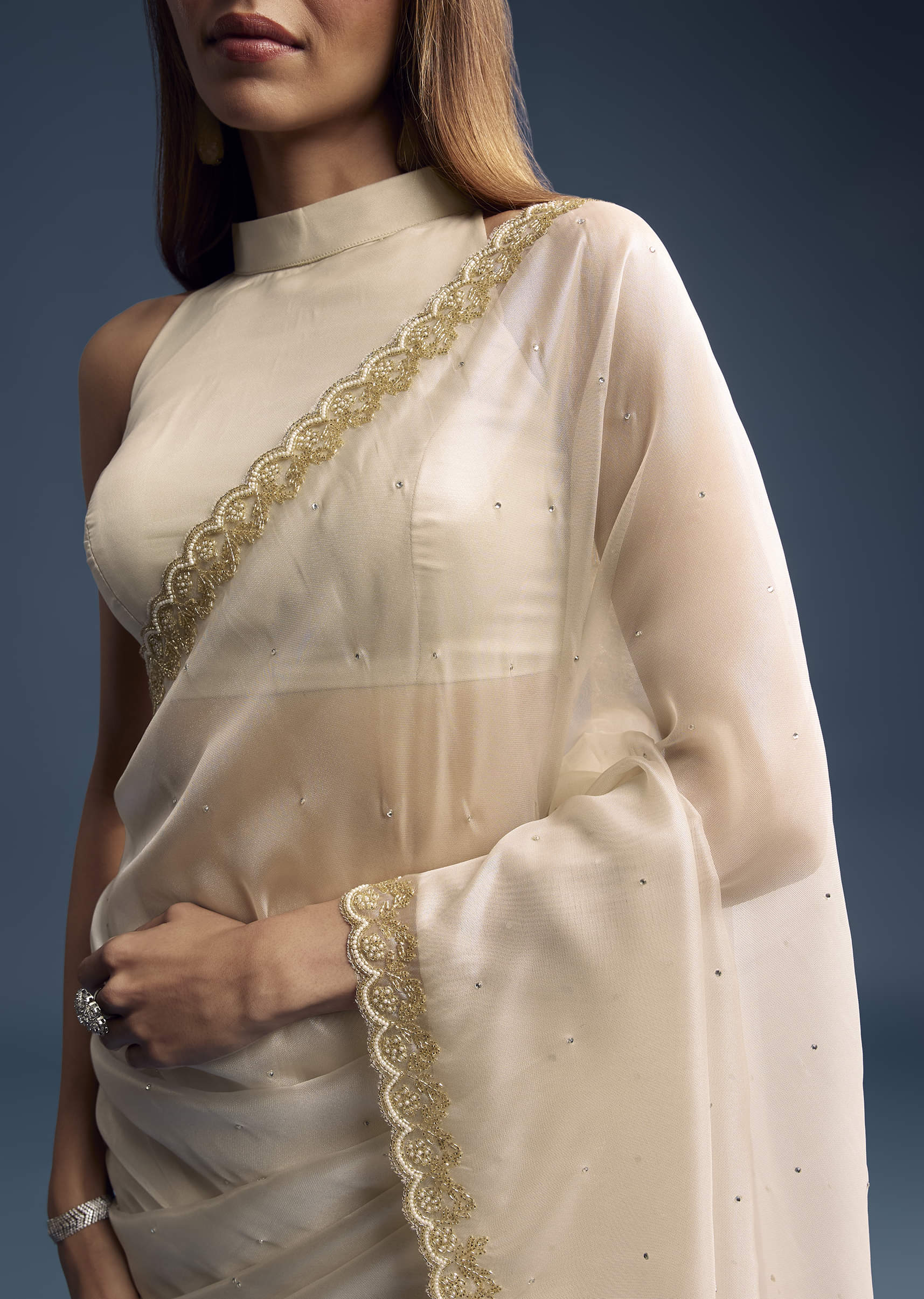 Cream Tissue Saree With Stone And Beaded Embroidery - Image 2