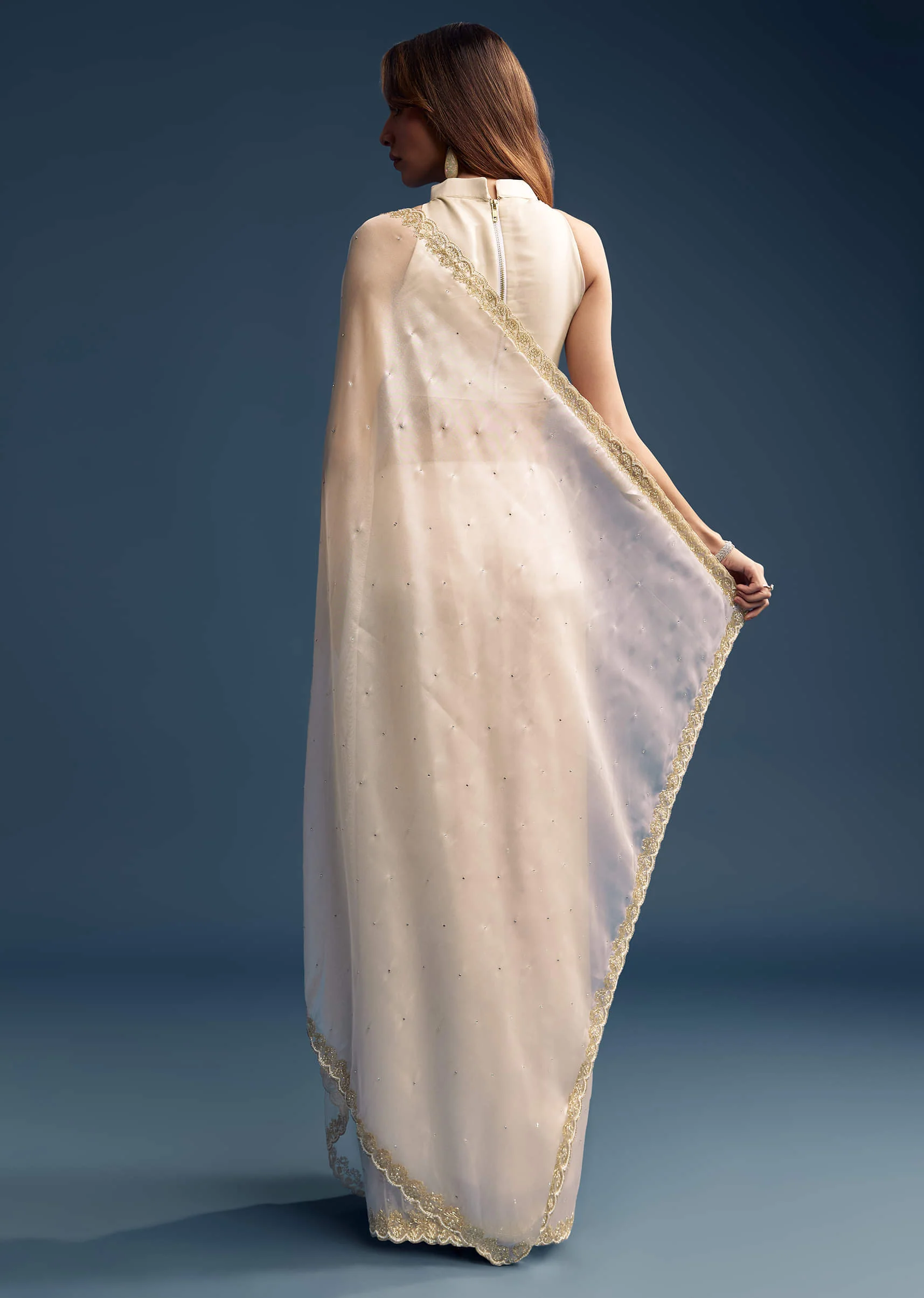 Cream Tissue Saree With Stone And Beaded Embroidery - Image 5