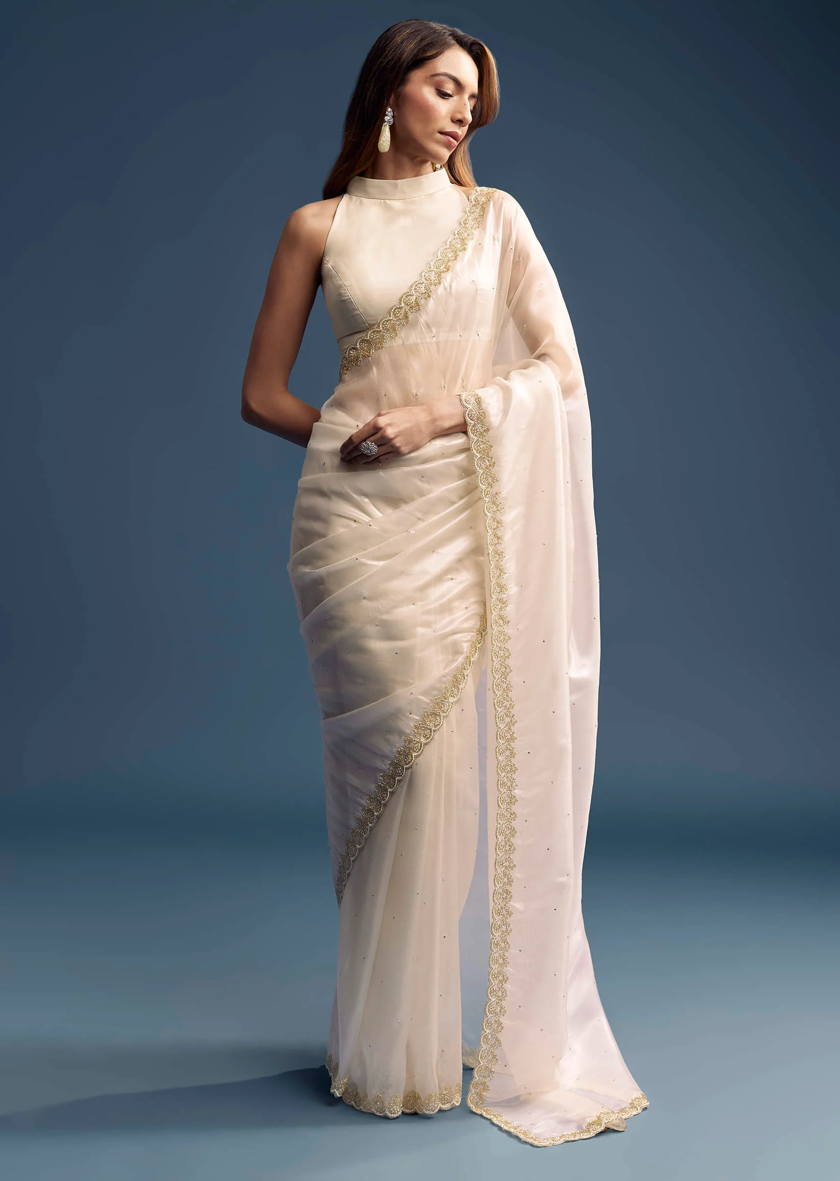 Cream Tissue Saree With Stone And Beaded Embroidery - Image 9