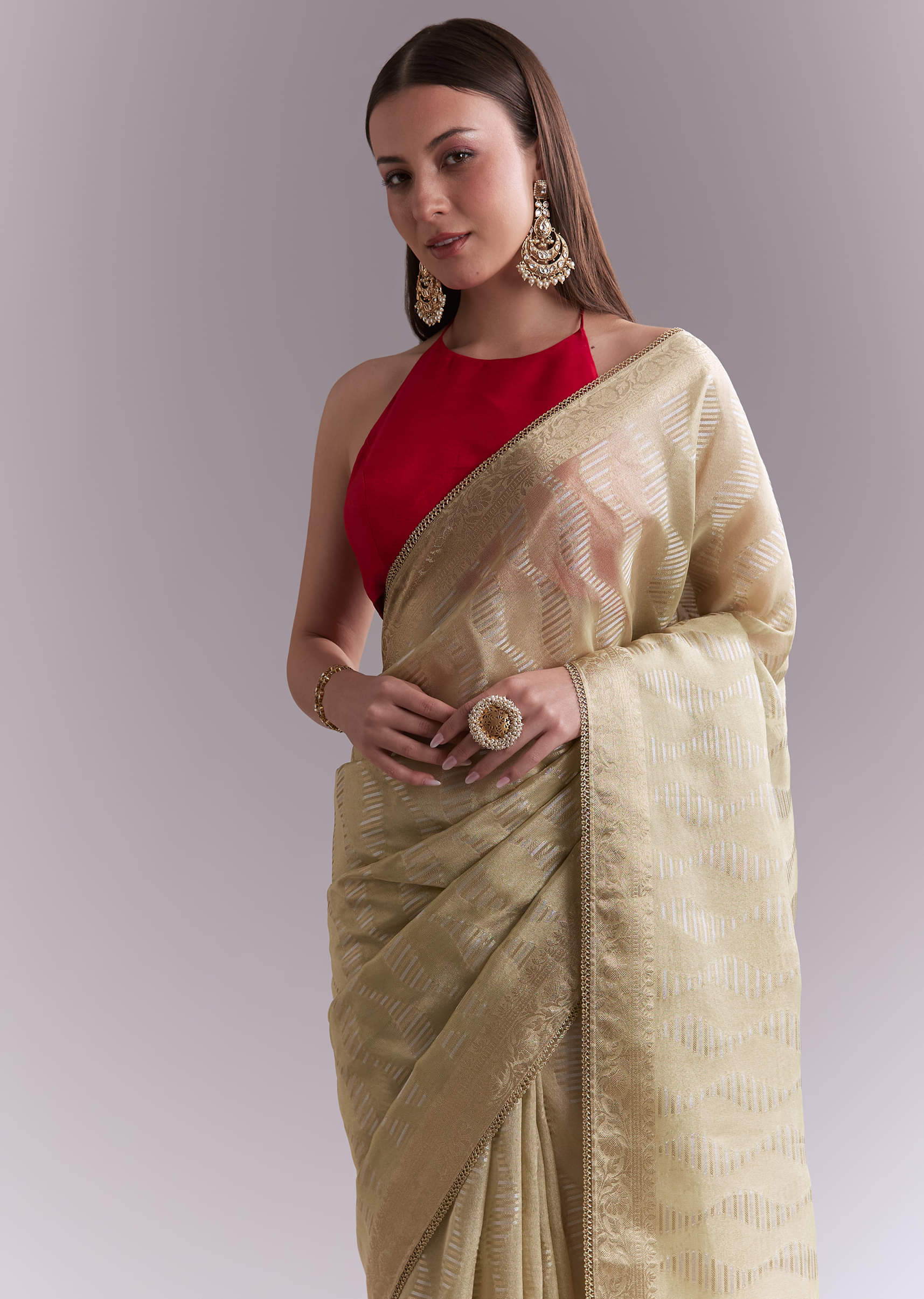 Cream Tissue Saree With Subtle Weave And Zari Border - Image 4