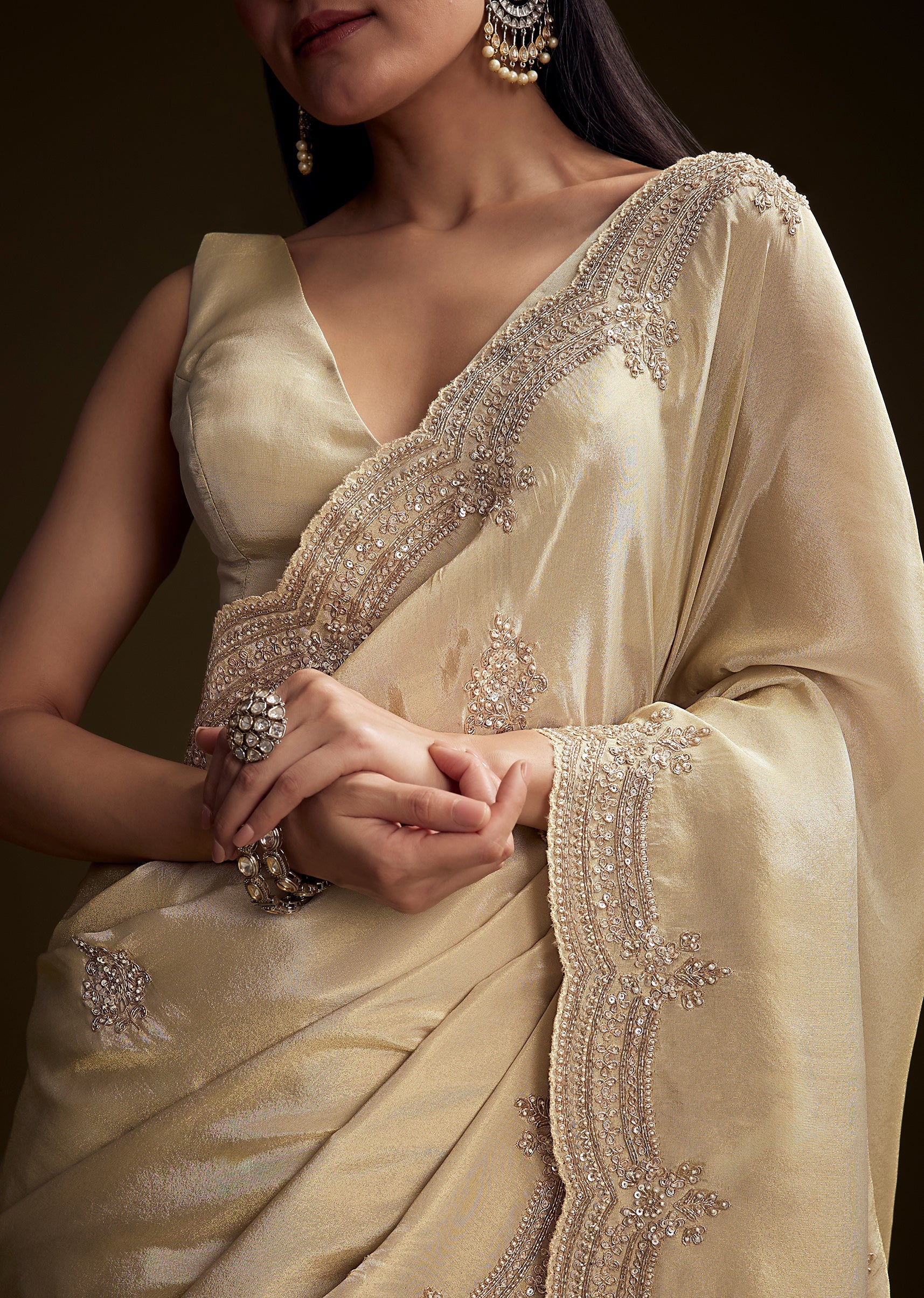 Cream Tissue Saree With Zardosi And Bead Embroidery - Image 2