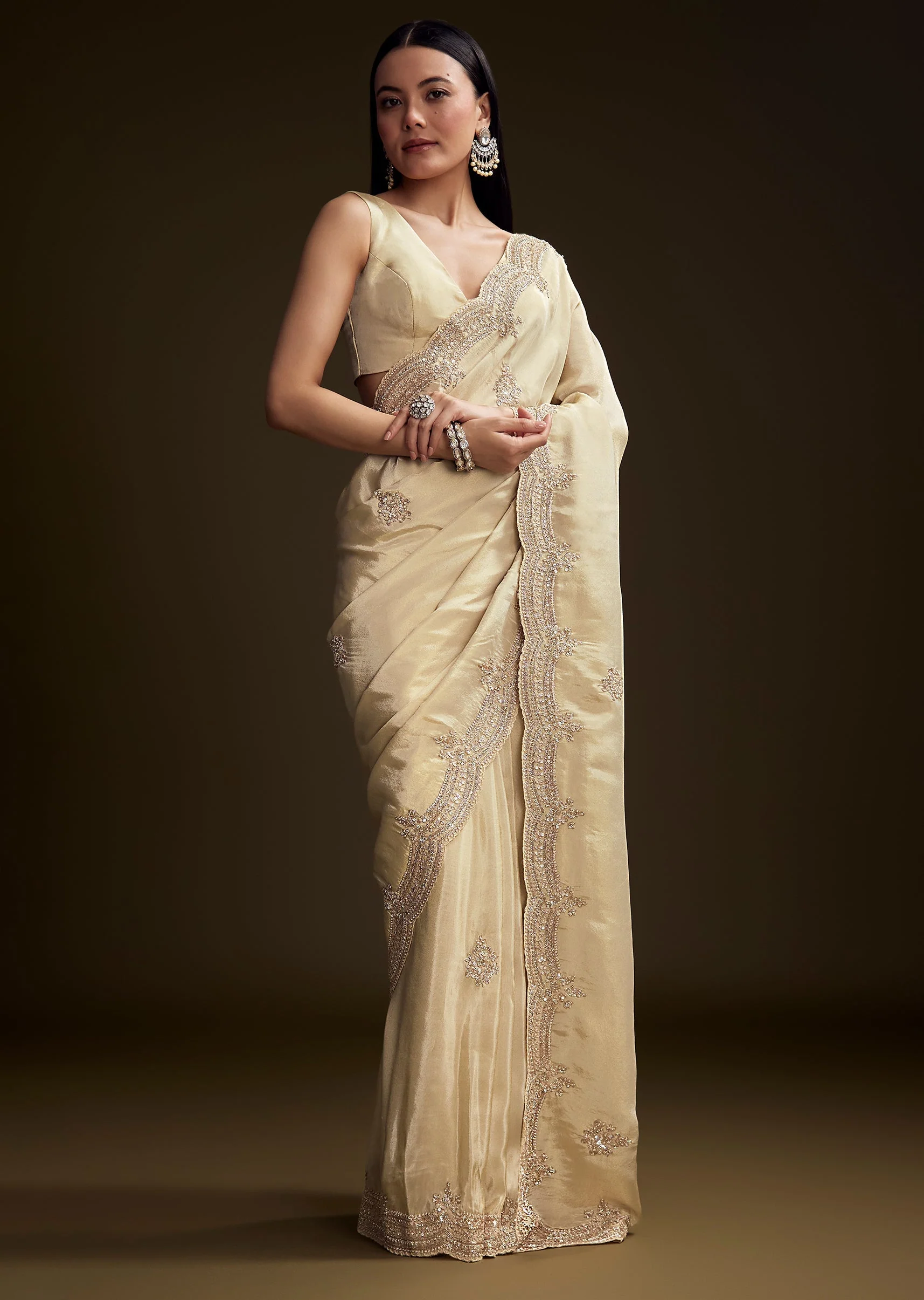 Cream Tissue Saree With Zardosi And Bead Embroidery - Image 3
