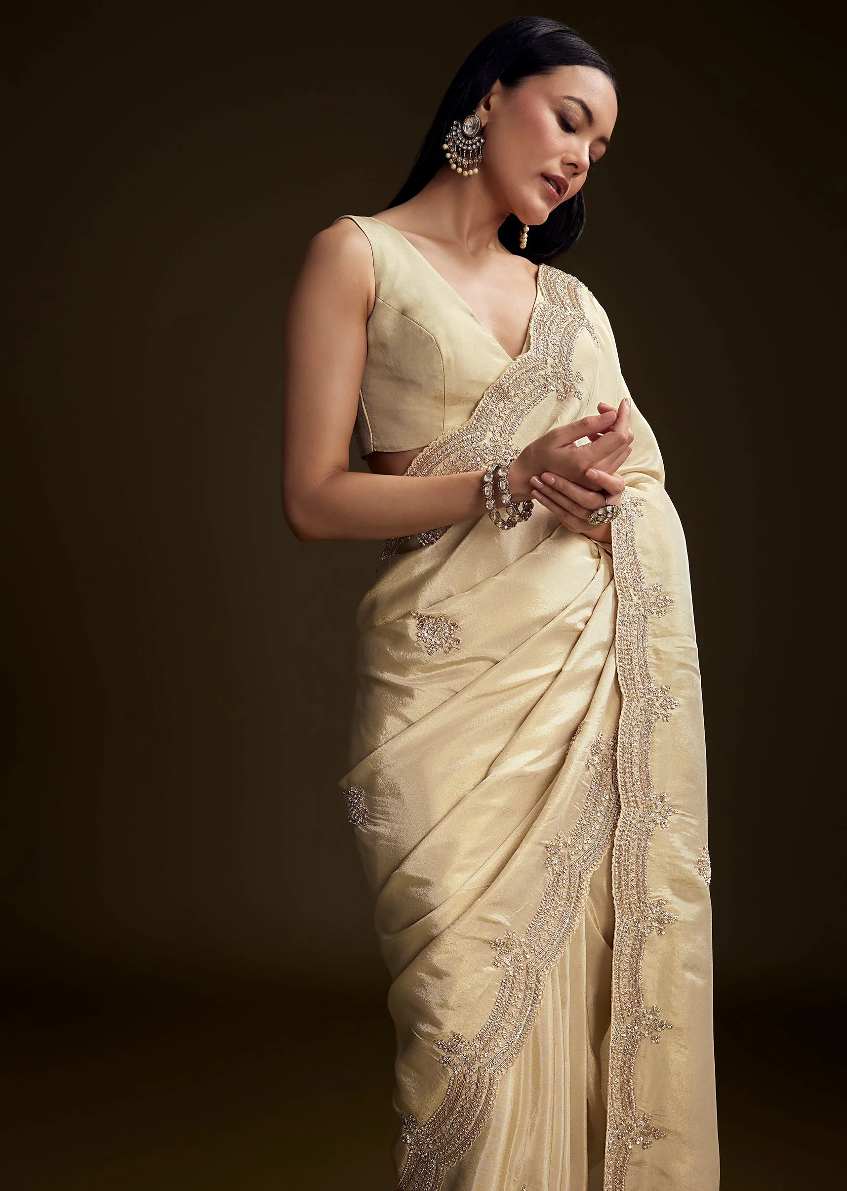 Cream Tissue Saree With Zardosi And Bead Embroidery - Image 4