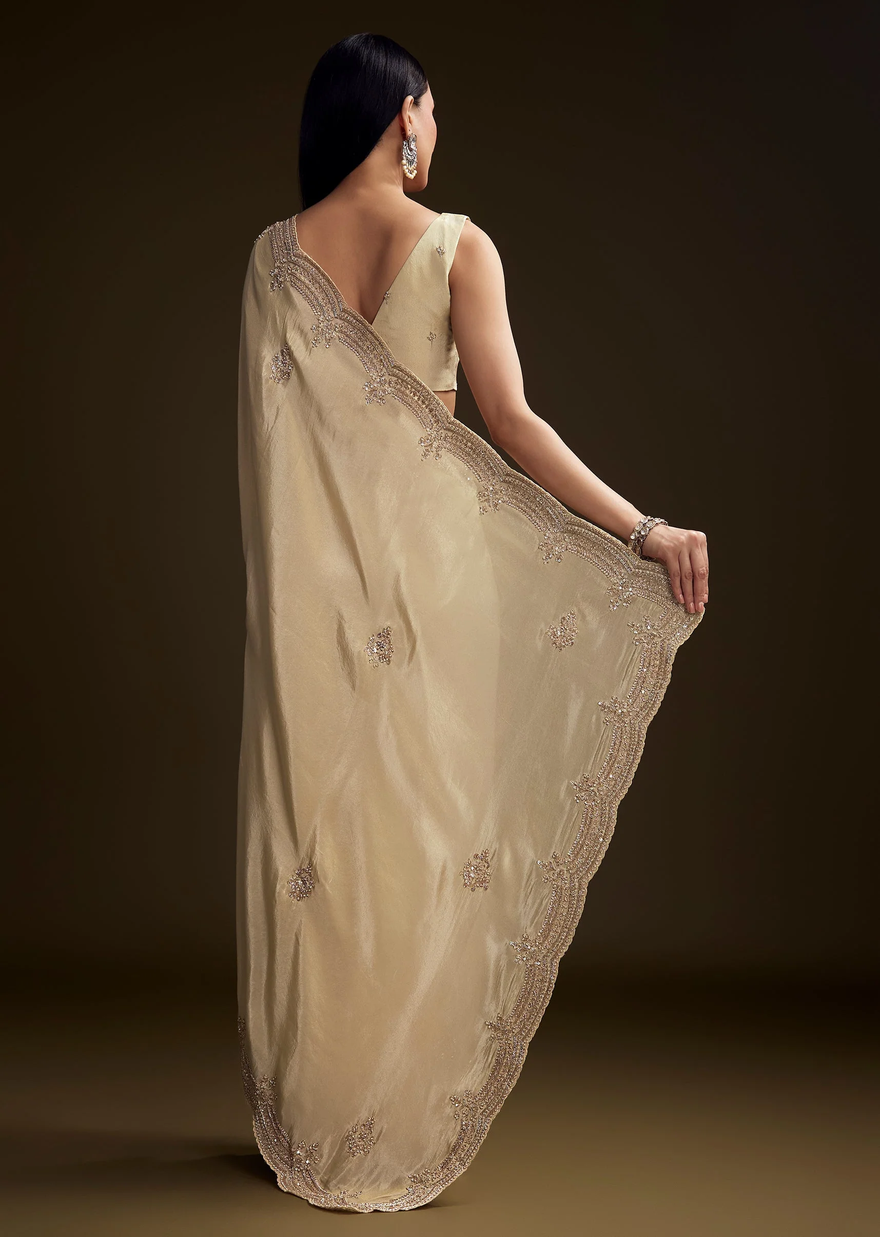Cream Tissue Saree With Zardosi And Bead Embroidery - Image 5