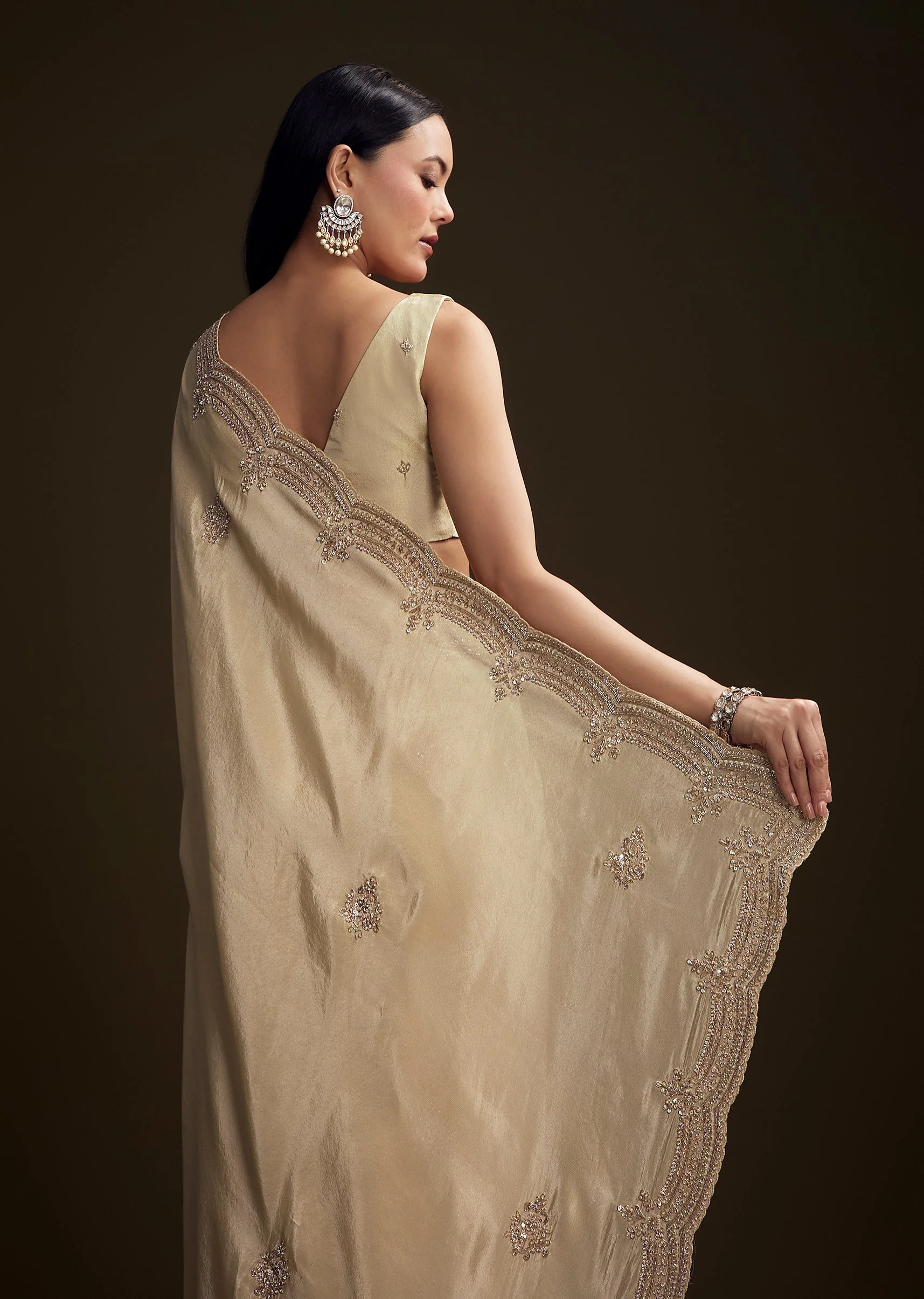 Cream Tissue Saree With Zardosi And Bead Embroidery - Image 6