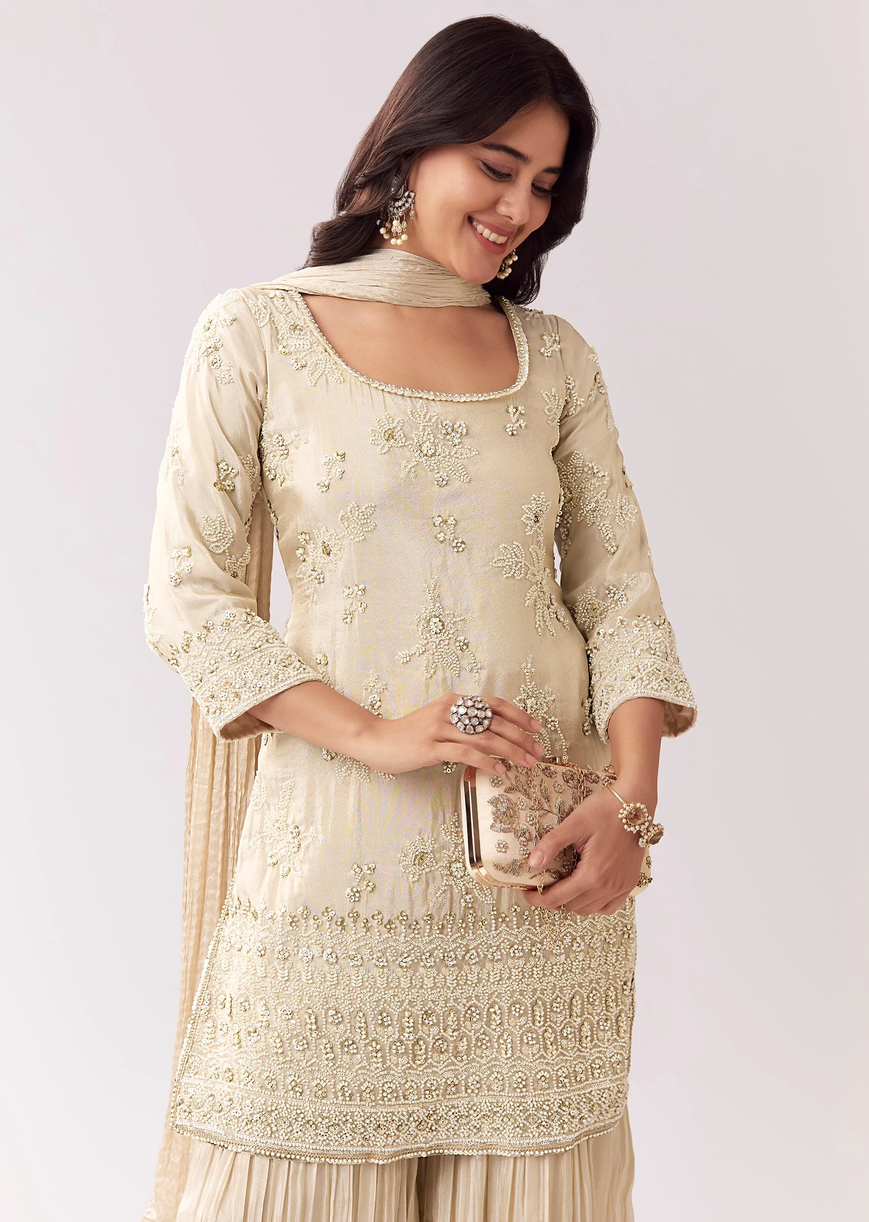 Cream Tissue Sharara Set With Bead And Sequin - Image 4