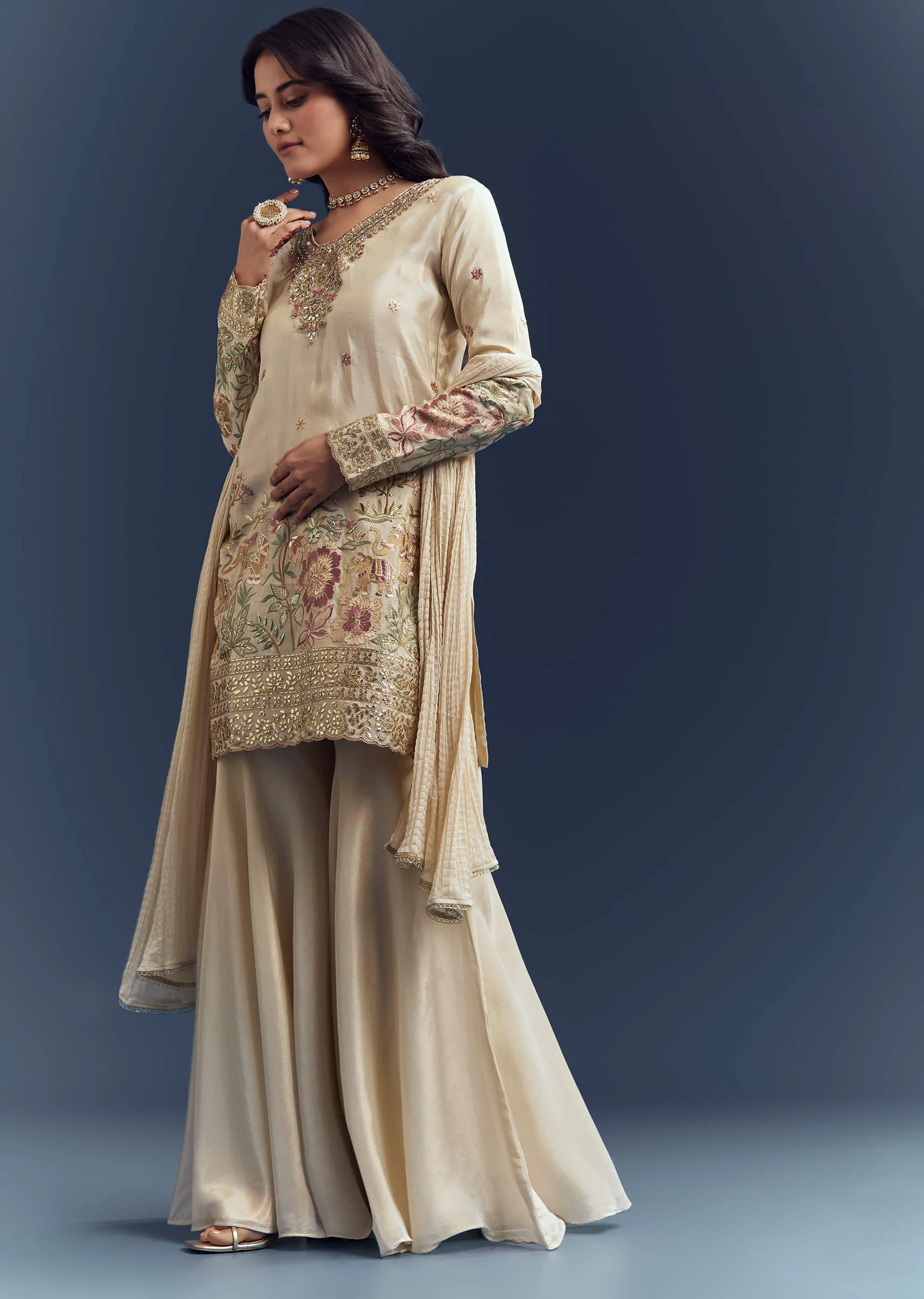 Cream Tissue Sharara Suit With Resham Hand Embroidery - Image 4