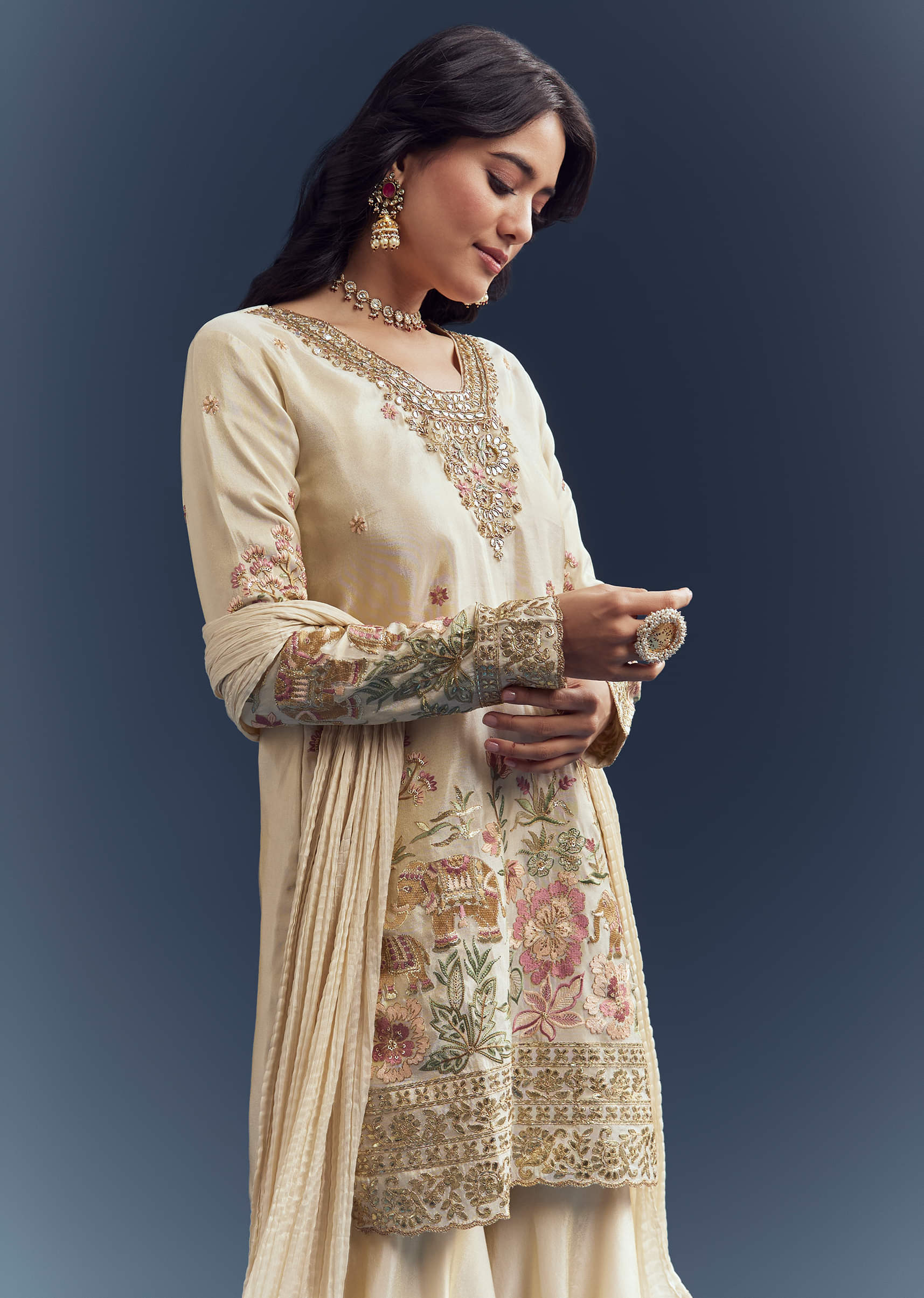 Cream Tissue Sharara Suit With Resham Hand Embroidery - Image 5