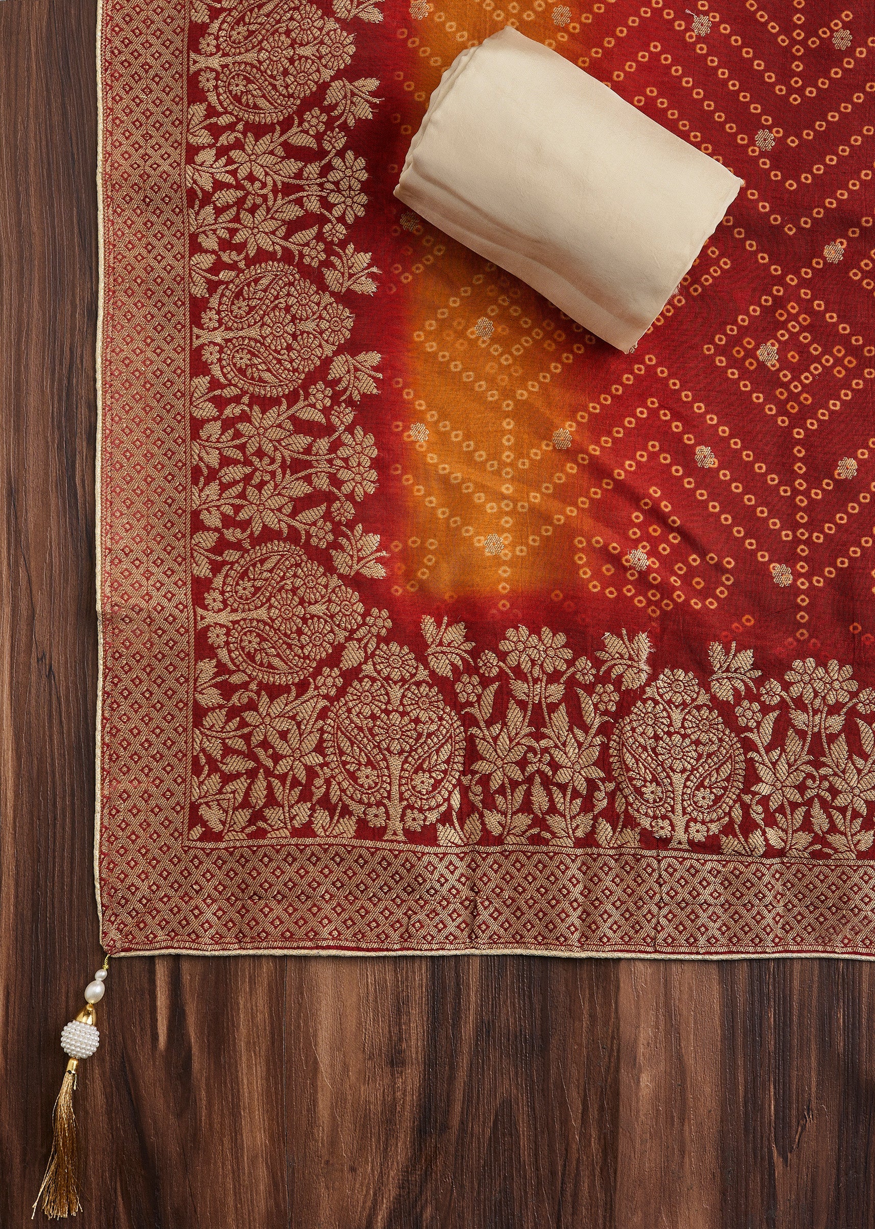 Cream Tissue Unstitched Suit with Bandhani Dupatta - Image 3