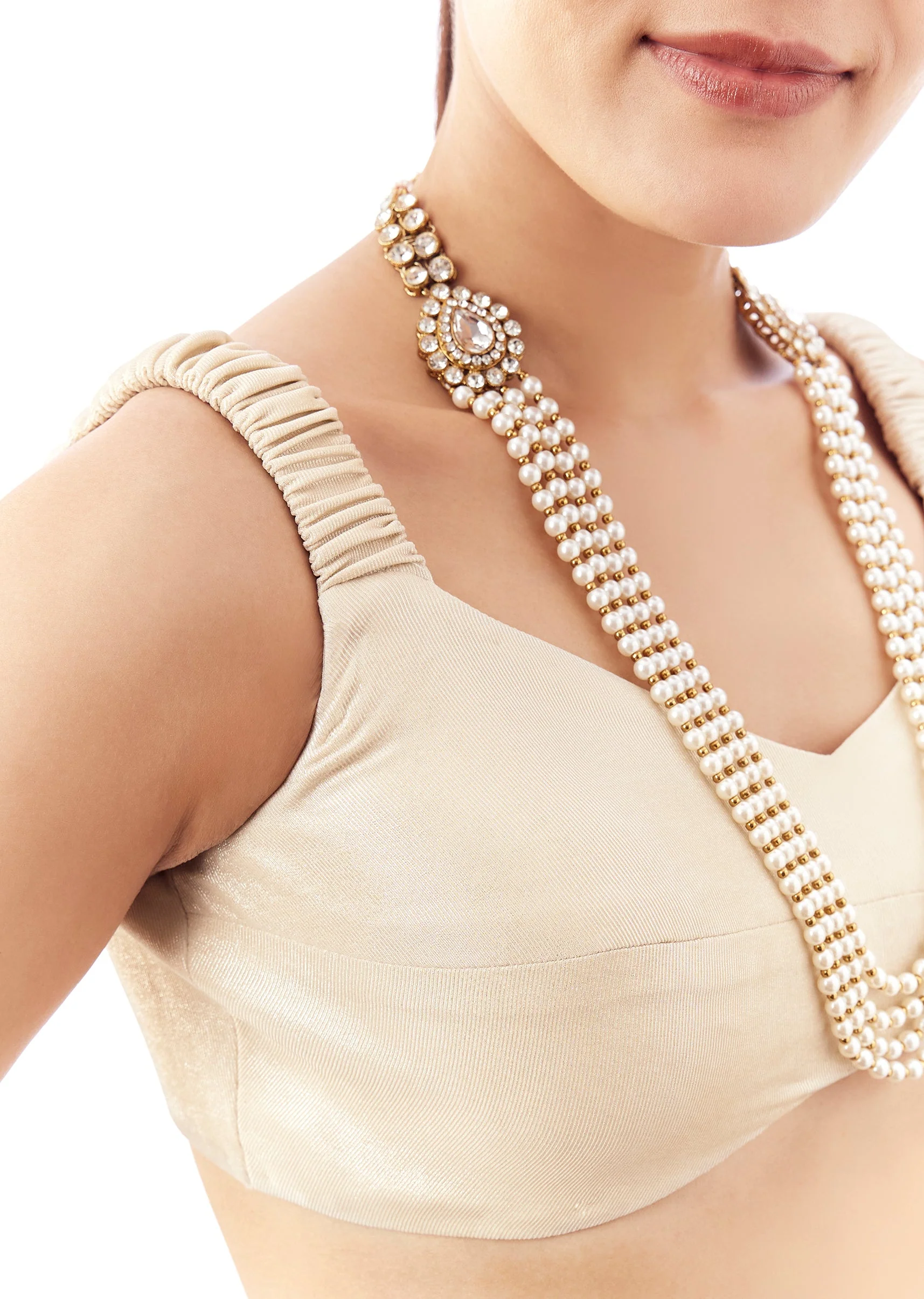 Cream V Neck Blouse With Elastic Strap Detail - Image 2