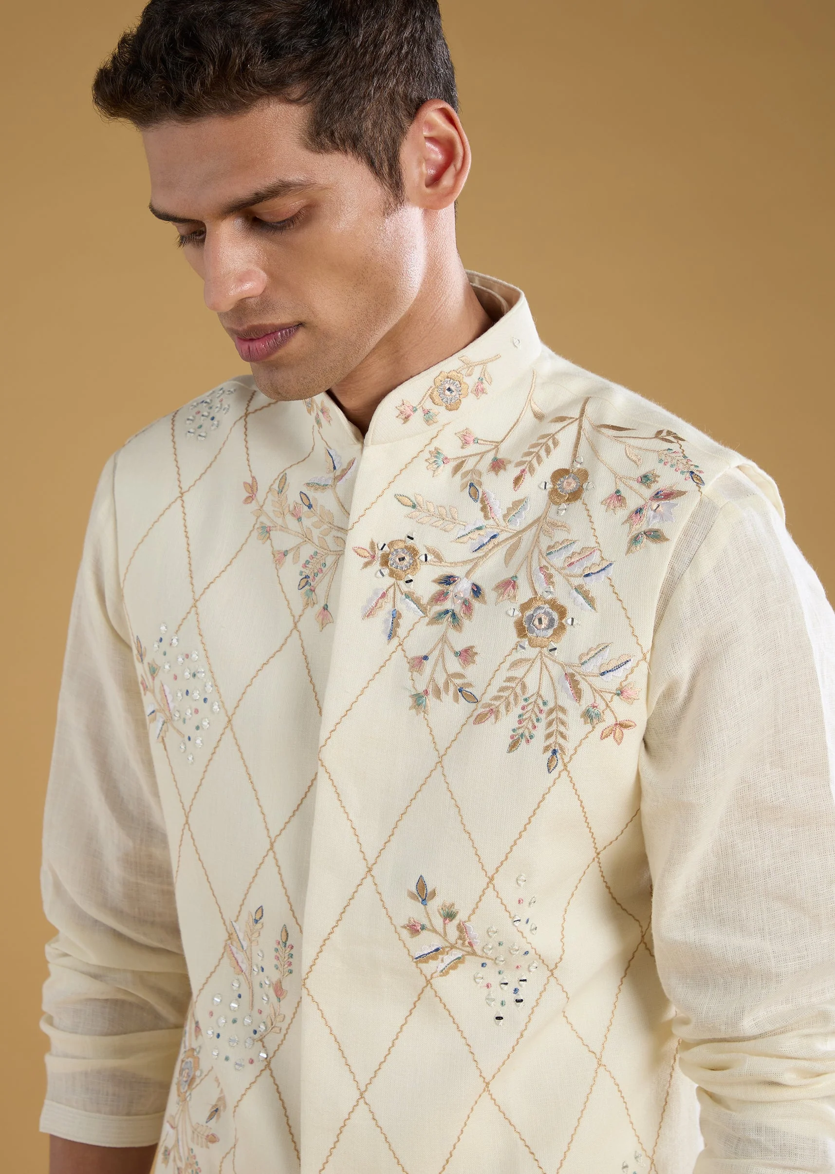 Cream Viscose Embroidered Jacket and Kurta Set - Image 3