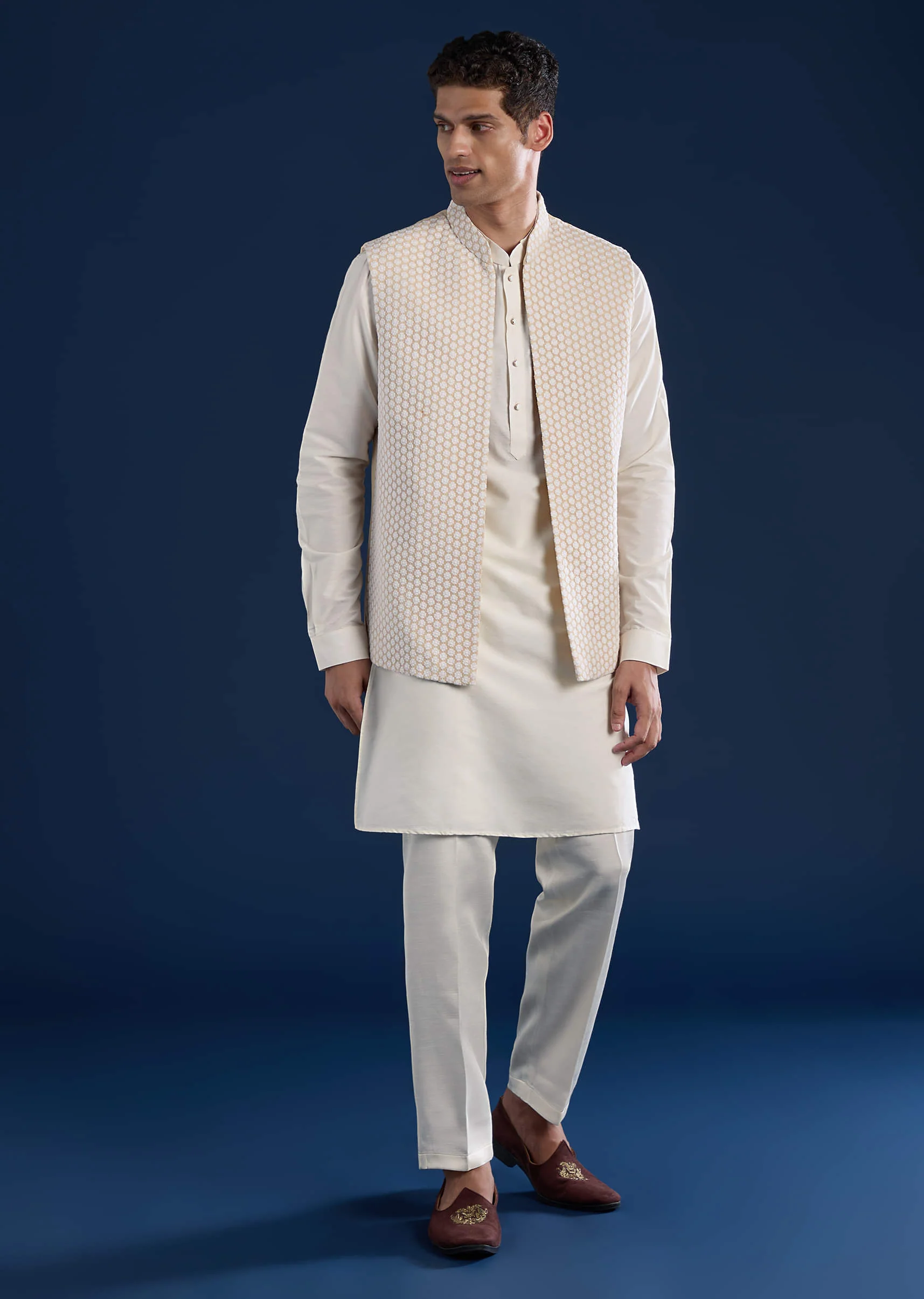 Cream Viscose Jacket Kurta Set with Resham Work - Image 3