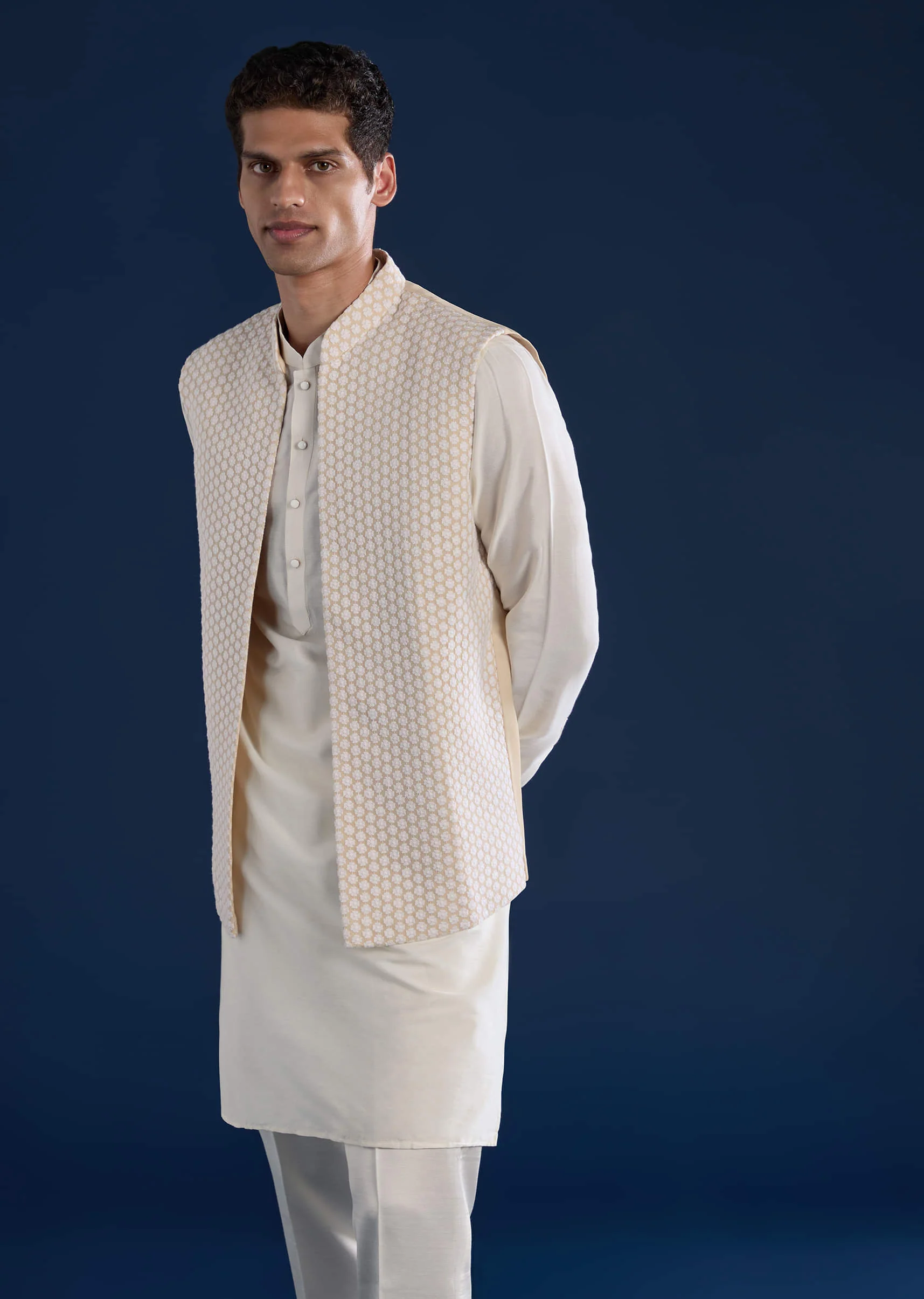 Cream Viscose Jacket Kurta Set with Resham Work - Image 4