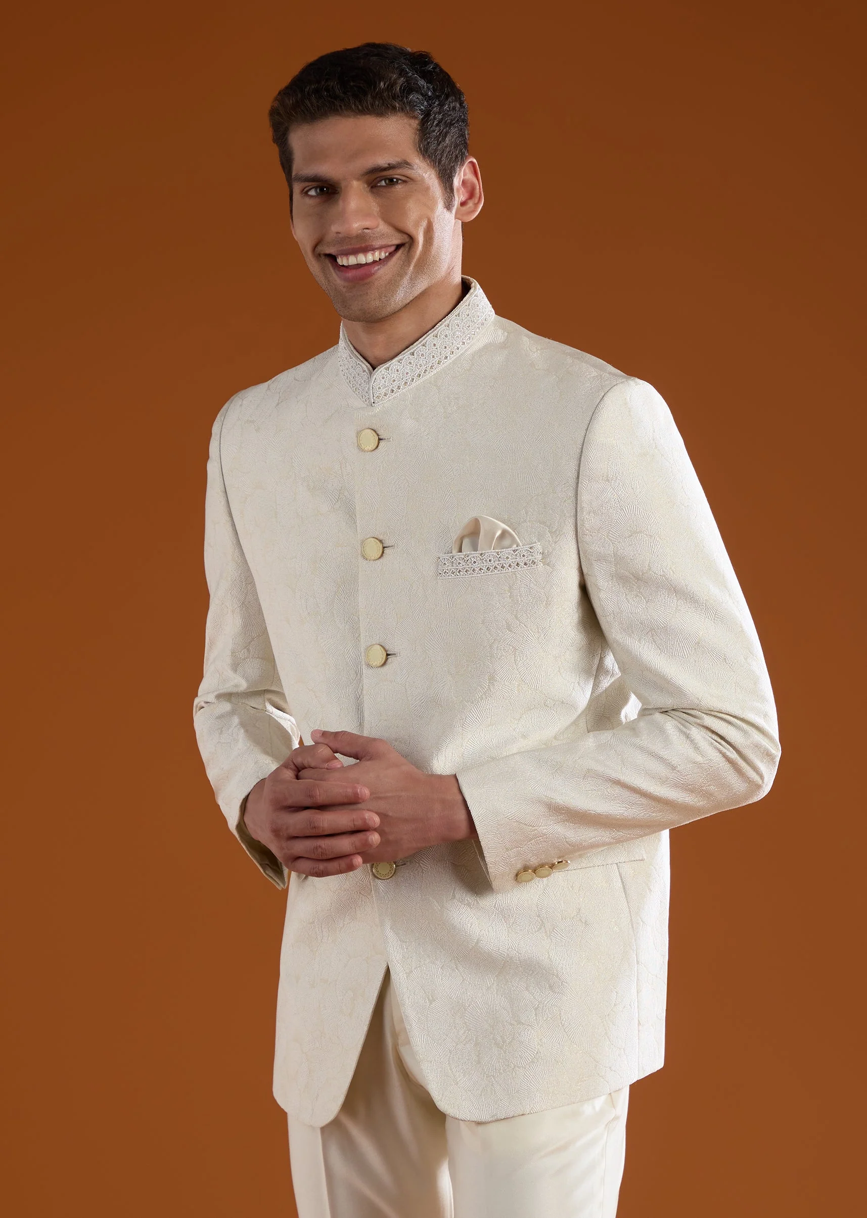 Cream Viscose Jodhpuri Pant Set with Bead Work