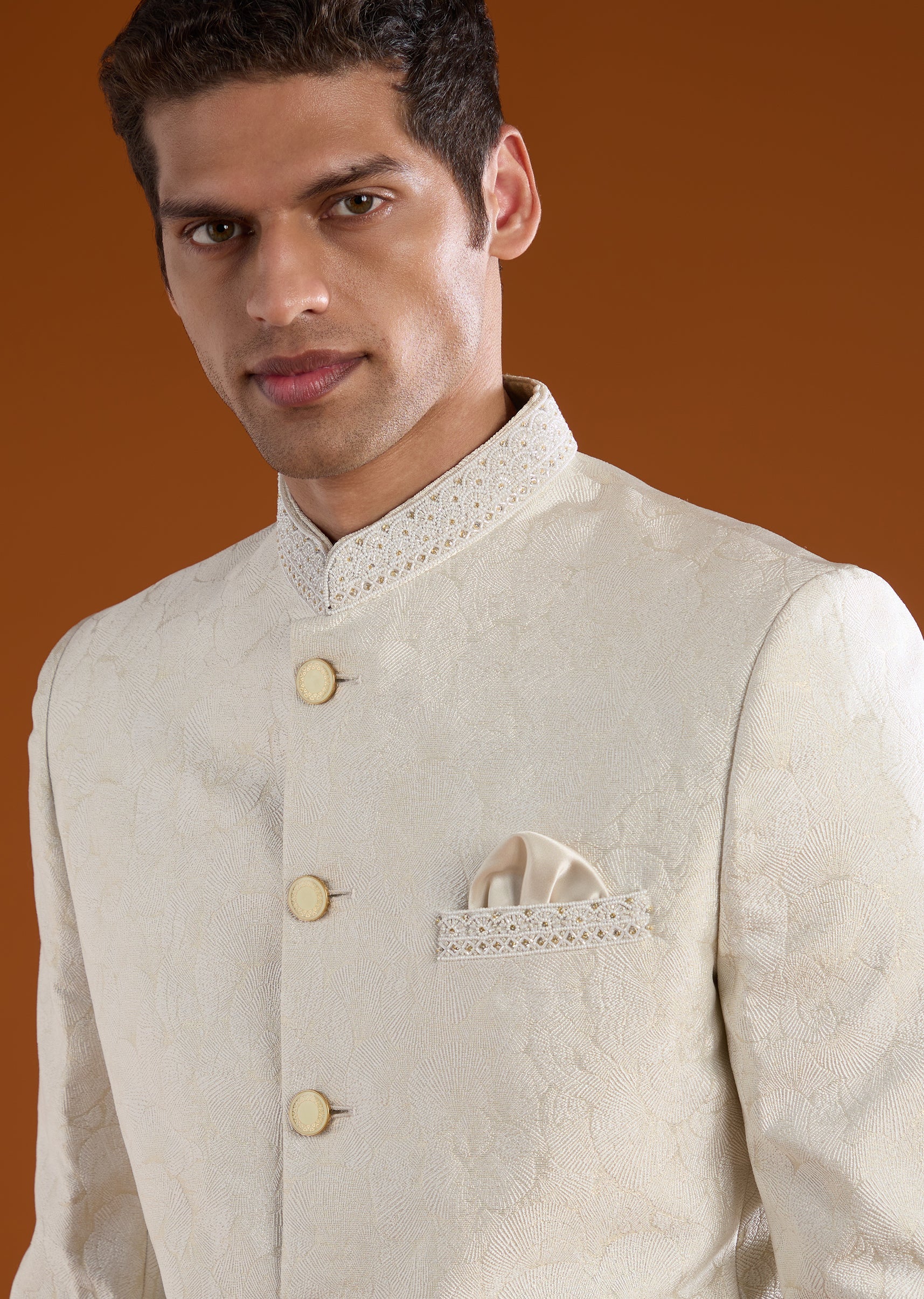 Cream Viscose Jodhpuri Pant Set with Bead Work - Image 3