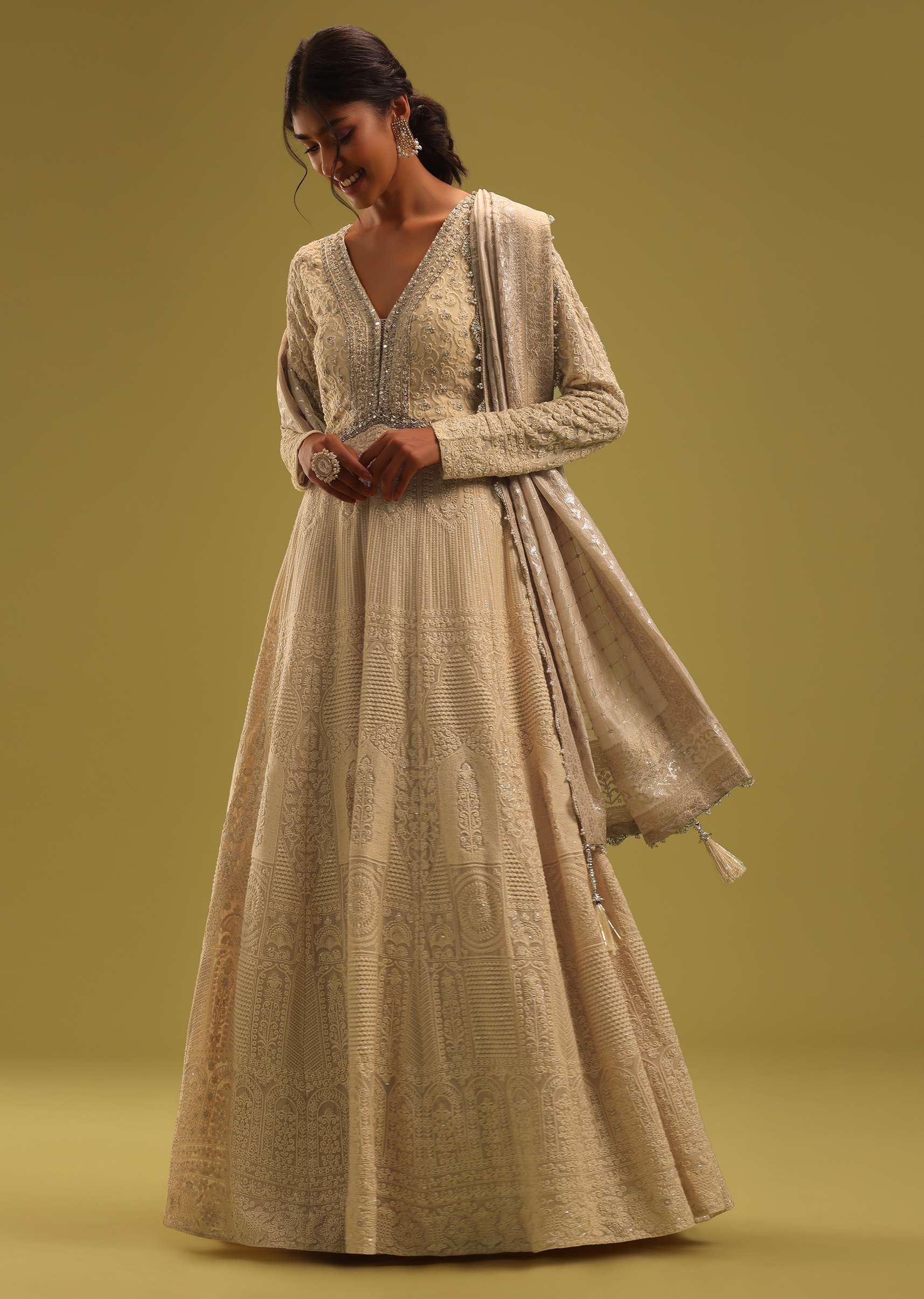 Cream White Anarkali Set In Georgette With Lucknowi Work - Image 3