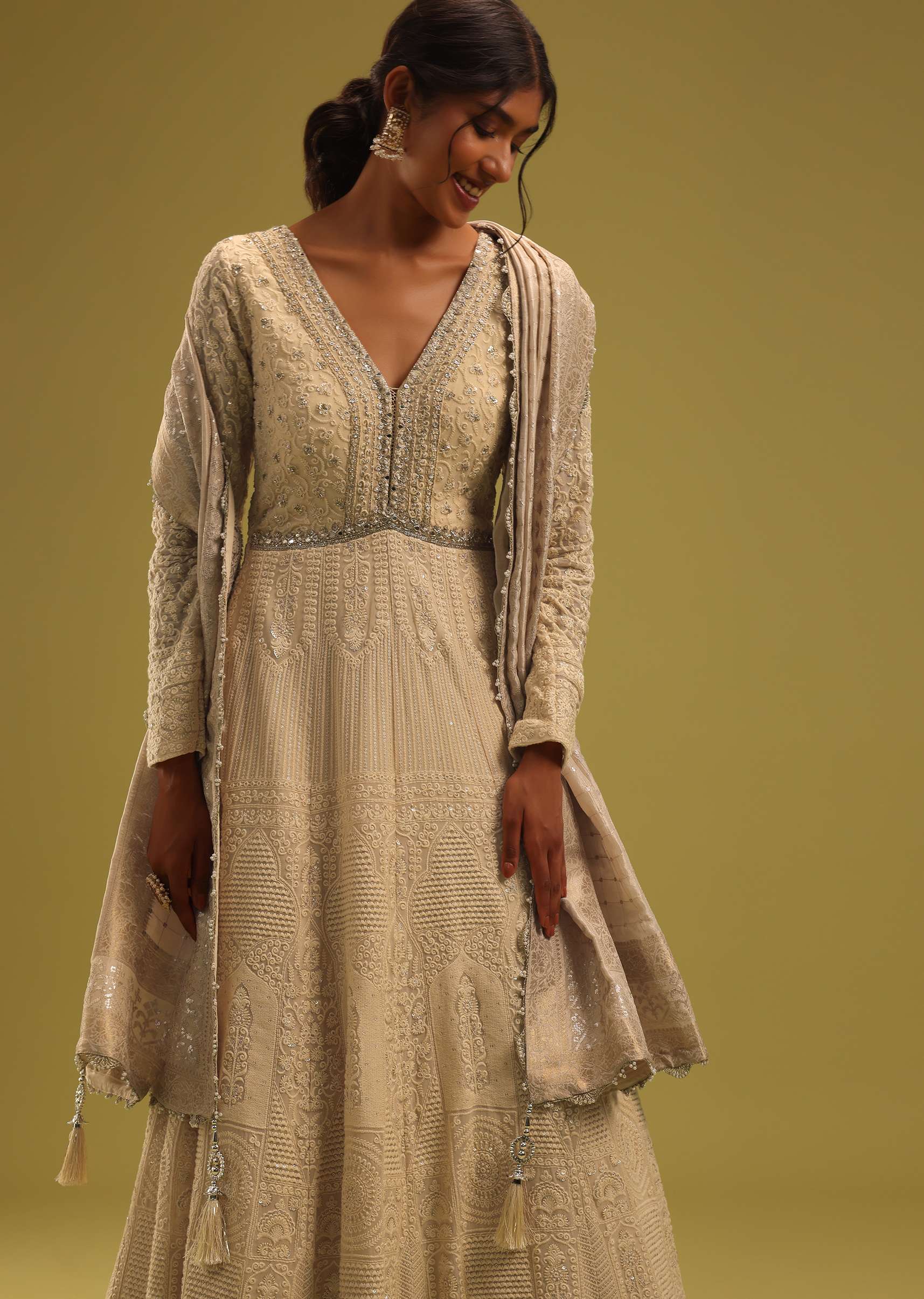 Cream White Anarkali Set In Georgette With Lucknowi Work - Image 5