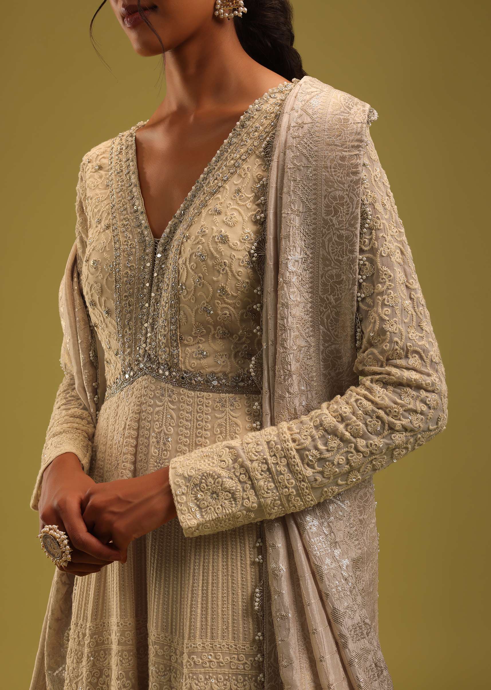 Cream White Anarkali Set In Georgette With Lucknowi Work - Image 7