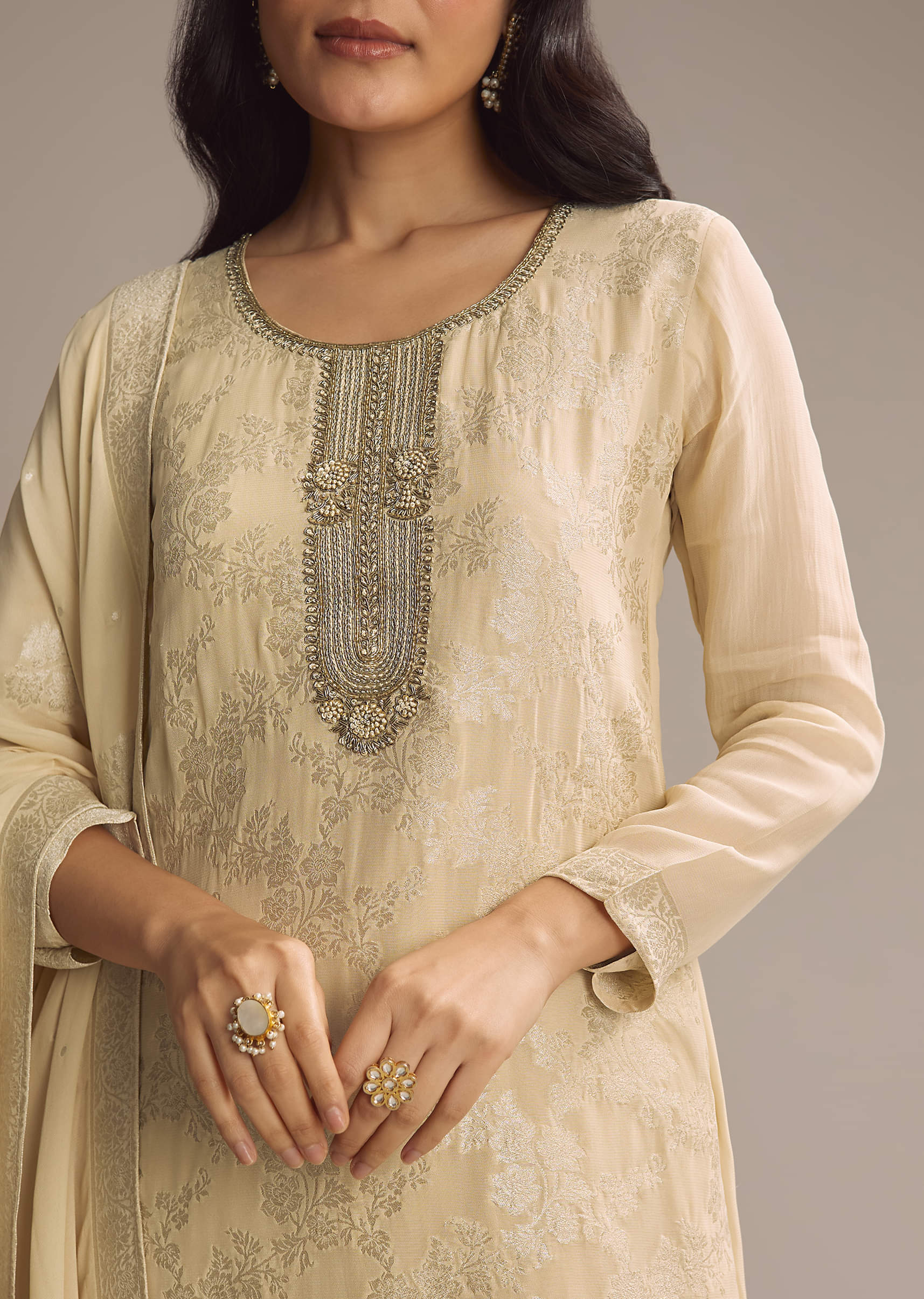 Cream White Banarasi Georgette Palazzo Suit - Image 2