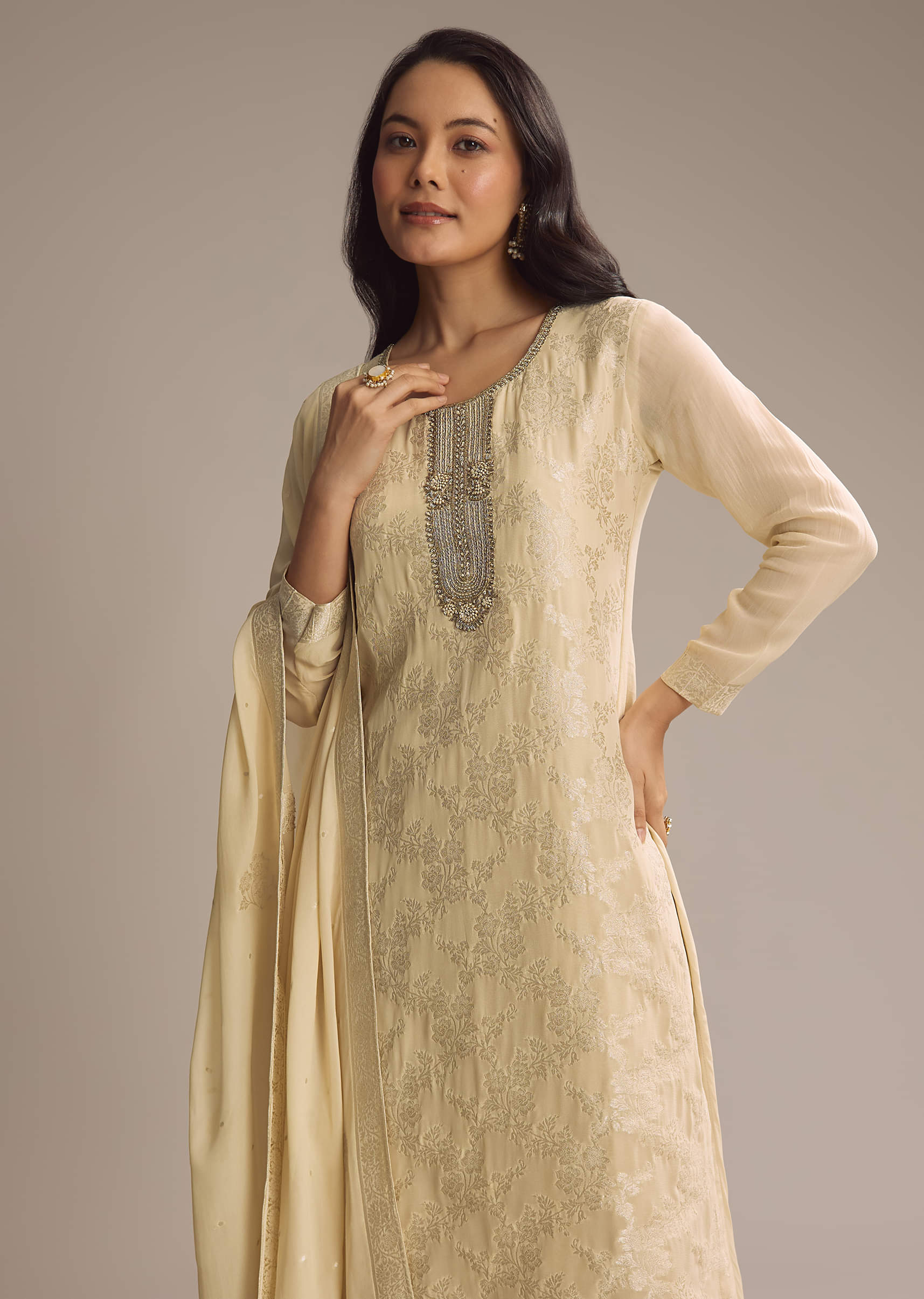 Cream White Banarasi Georgette Palazzo Suit - Image 4