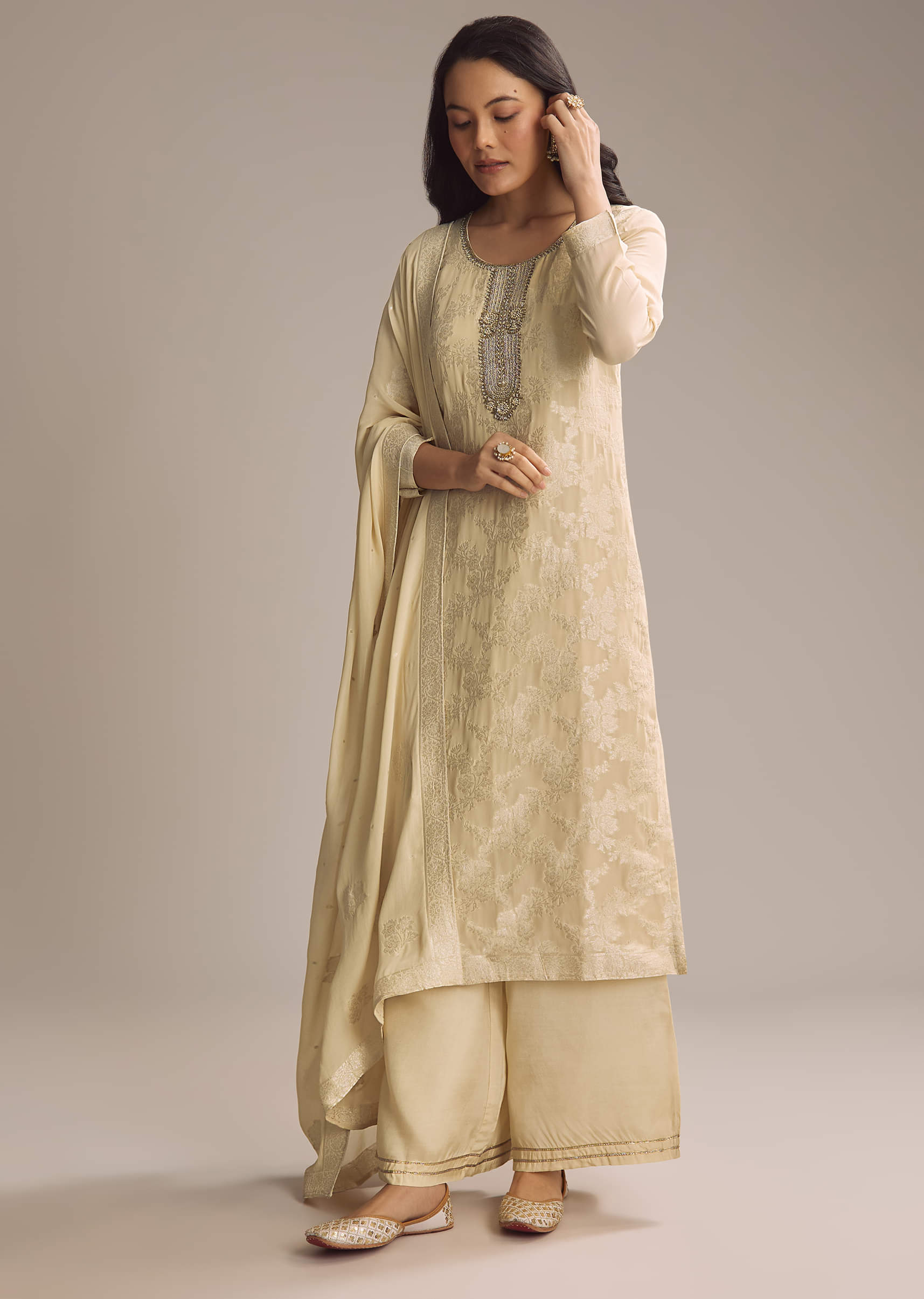 Cream White Banarasi Georgette Palazzo Suit - Image 7