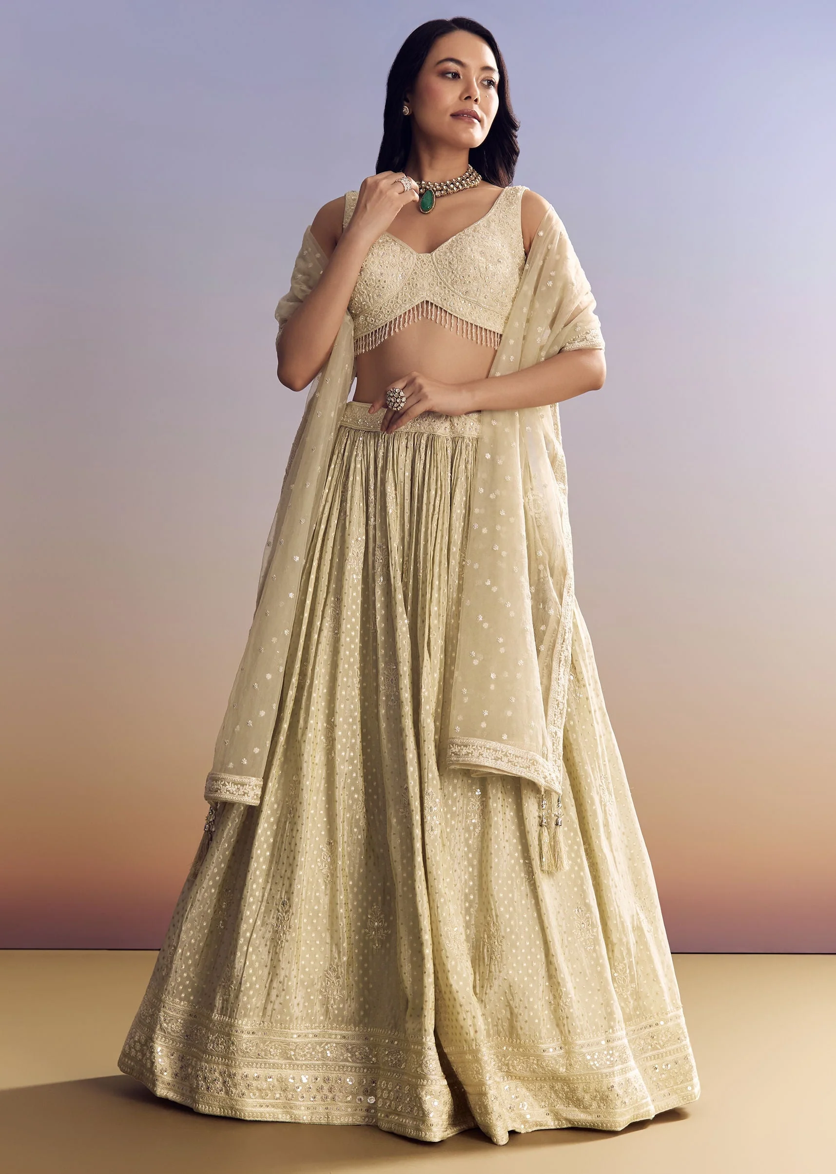 Cream White Banarasi Lehenga Set With Cut Dana Choli - Image 2