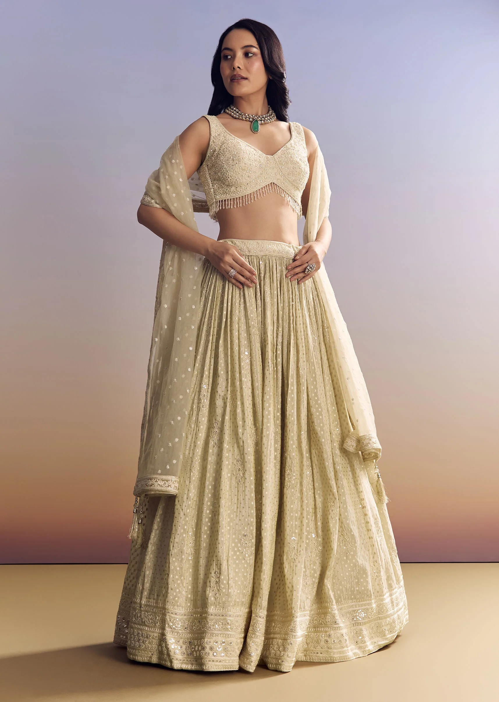 Cream White Banarasi Lehenga Set With Cut Dana Choli - Image 4