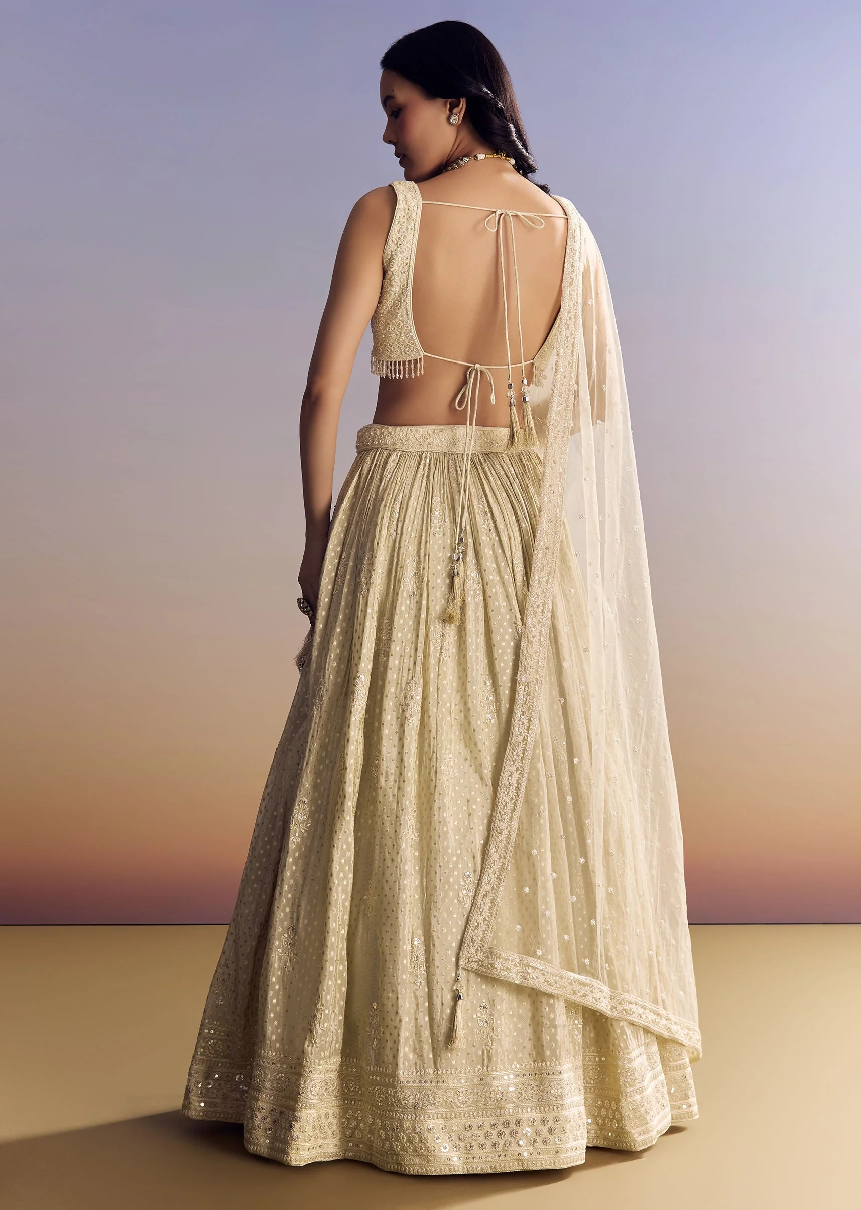 Cream White Banarasi Lehenga Set With Cut Dana Choli - Image 5
