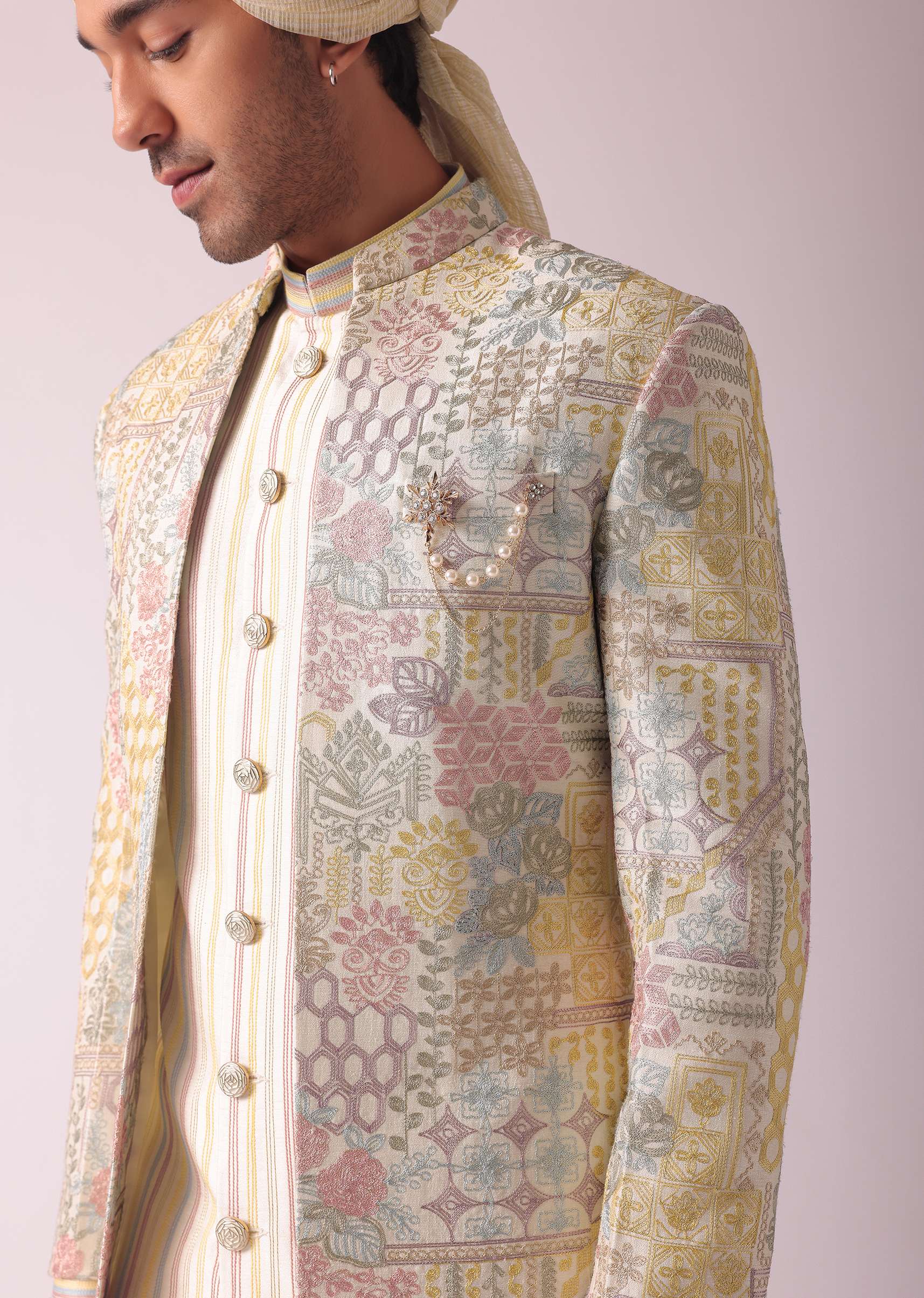 Cream White Printed Indowestern In Dupion Silk - Image 3