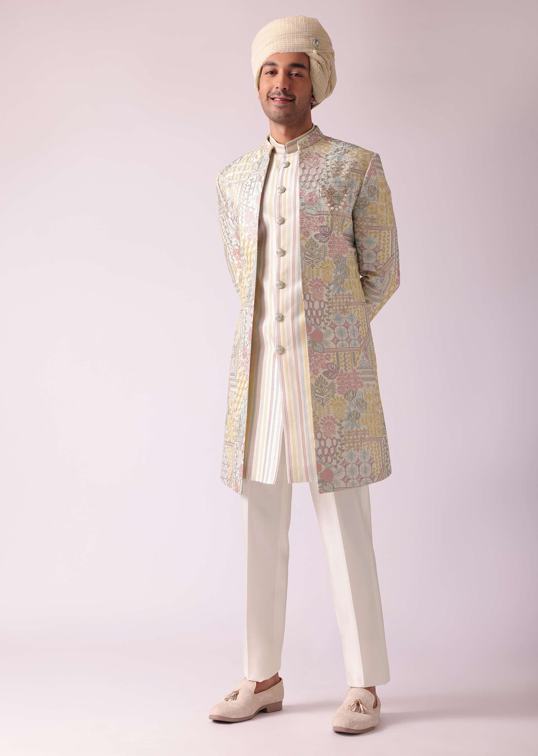 Cream White Printed Indowestern In Dupion Silk - Image 4