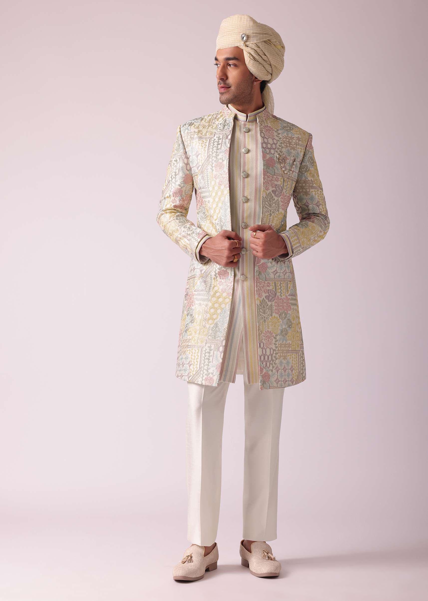 Cream White Printed Indowestern In Dupion Silk - Image 7