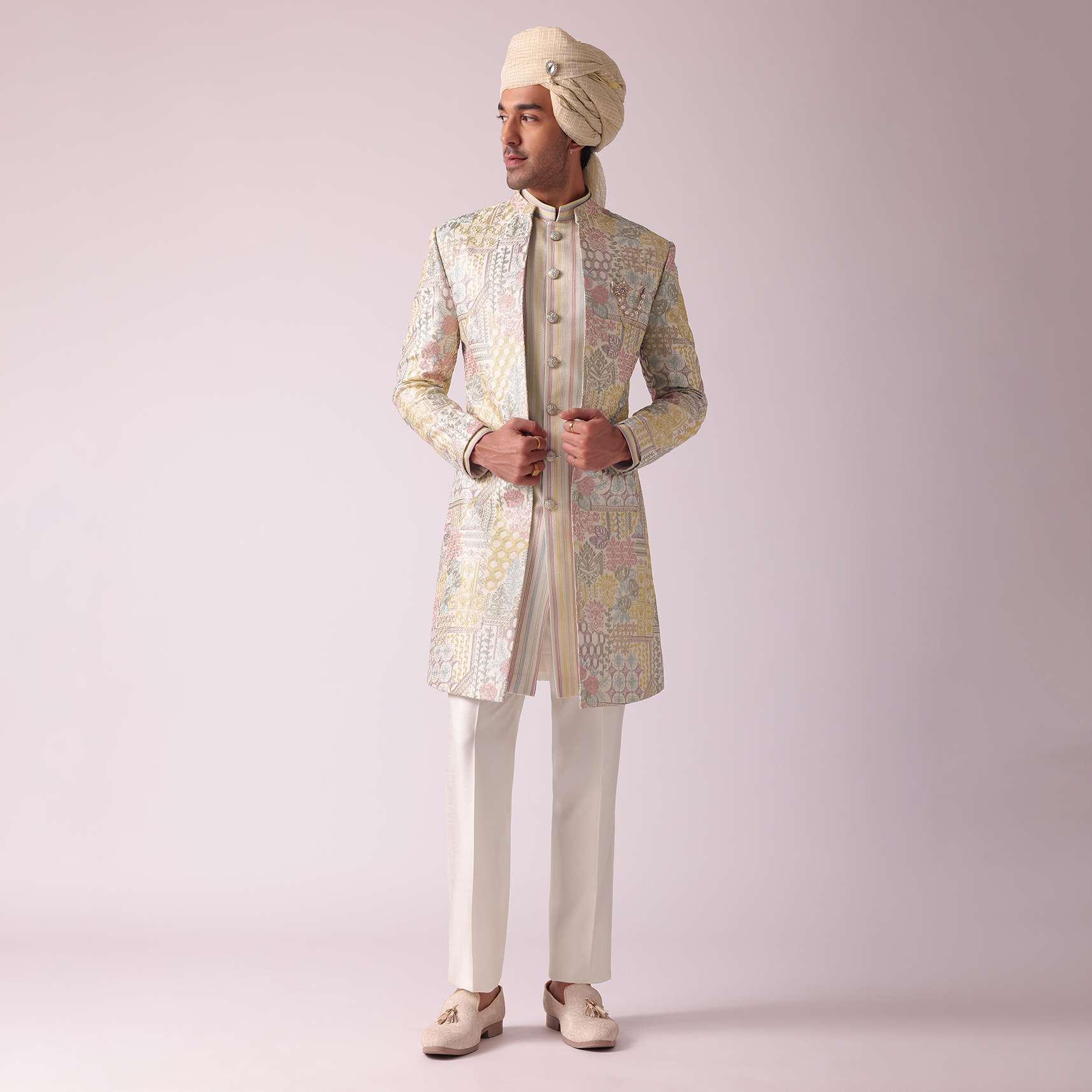 Cream White Printed Indowestern In Dupion Silk - Image 8