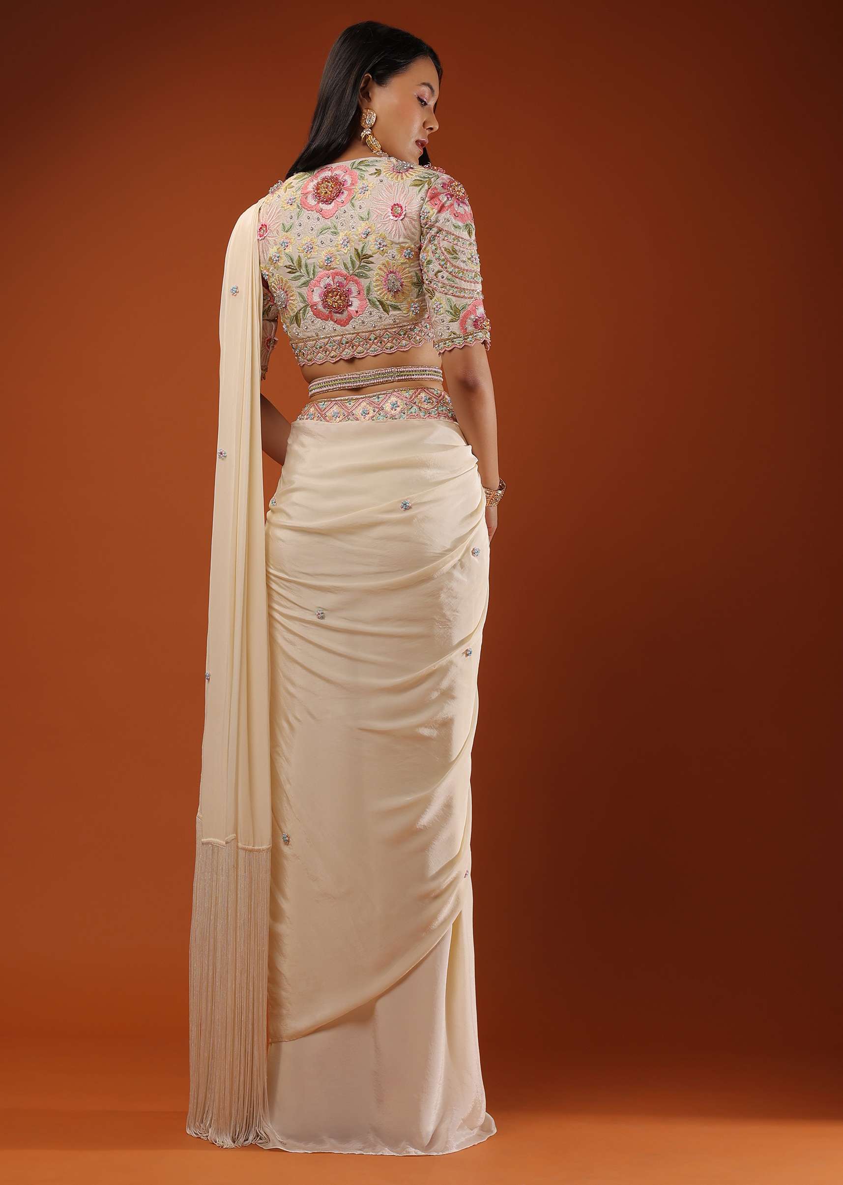 Cream White Ready Pleated Saree With Floral Hand Work On The Blouse - Image 5