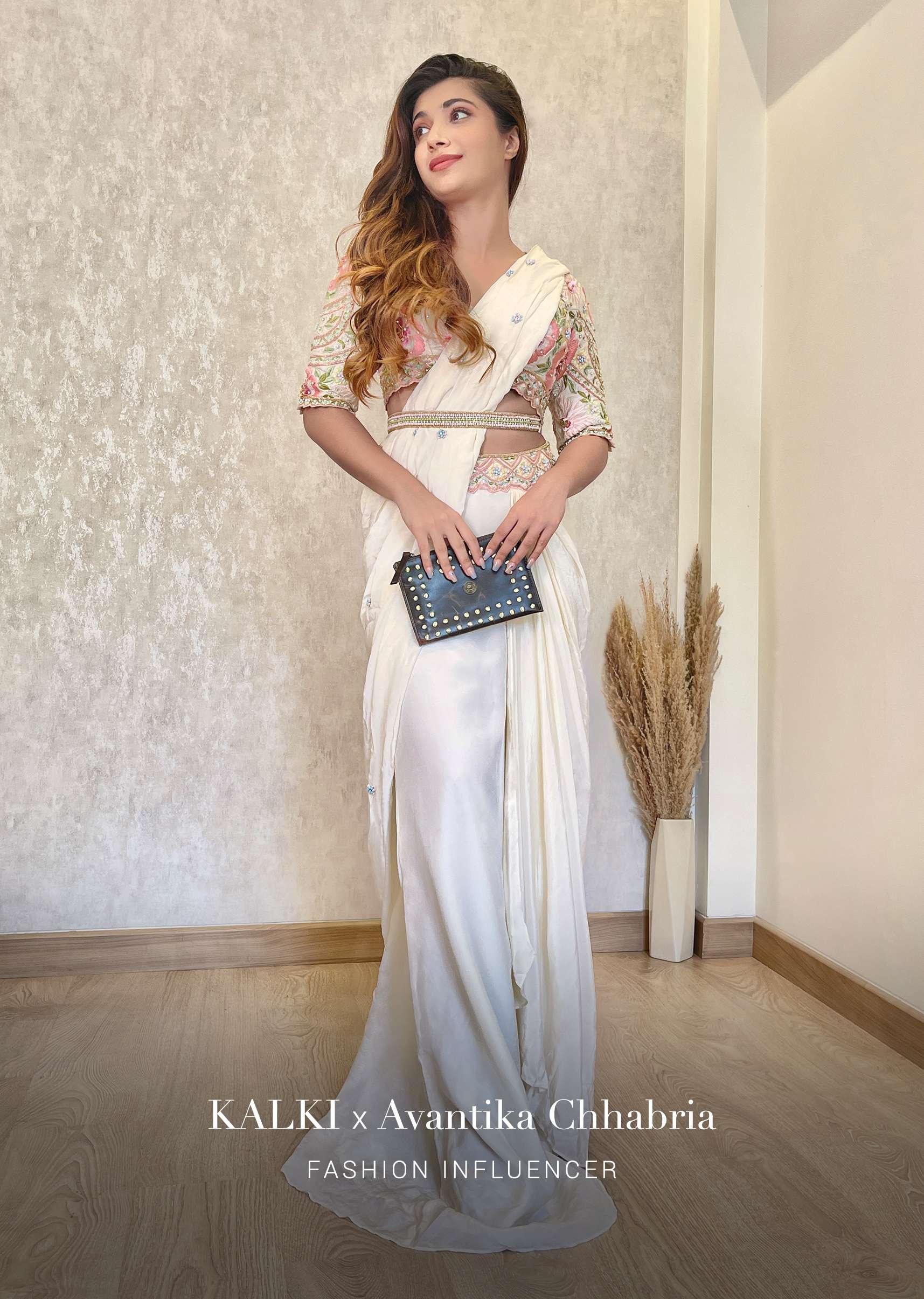 Cream White Ready Pleated Saree With Floral Hand Work On The Blouse - Image 6